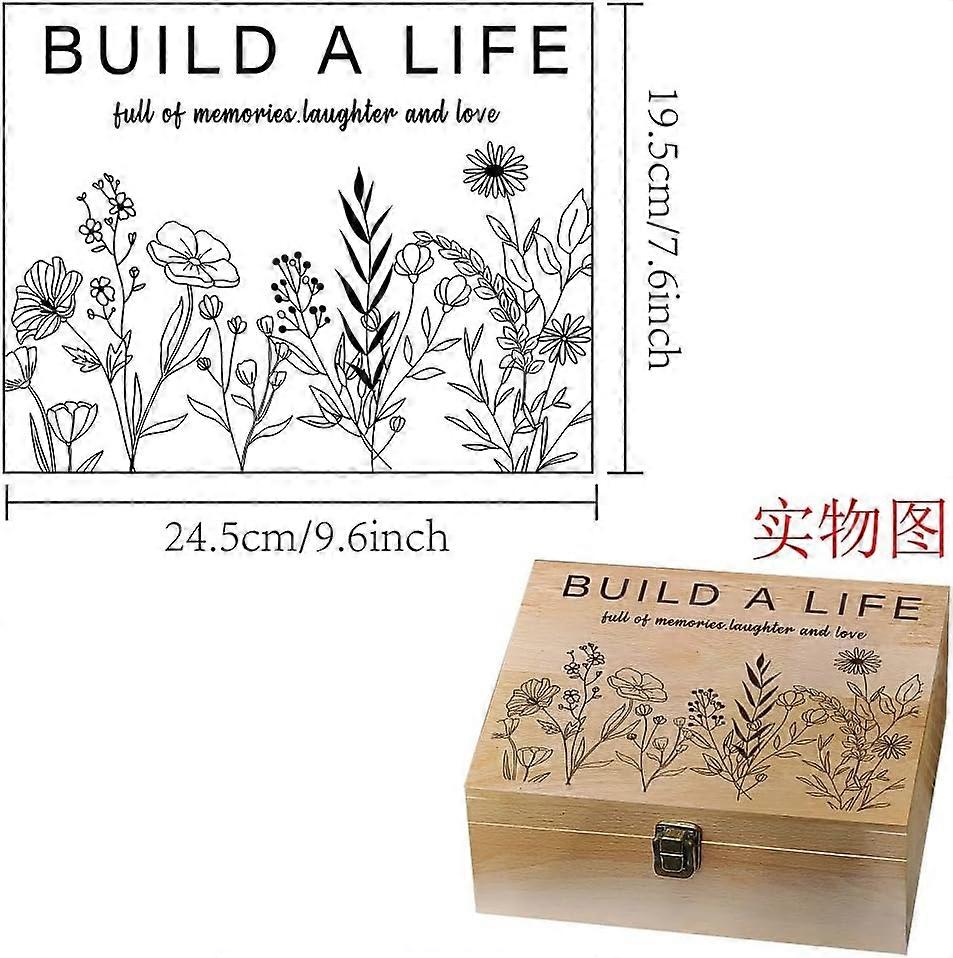1 Pc Wood Memory Keepsake Box Line Wildflowers Build a Life Memory Box with Hinged Lids Laughter and Love Keepsake Chest for Picture Letter Storage 9.