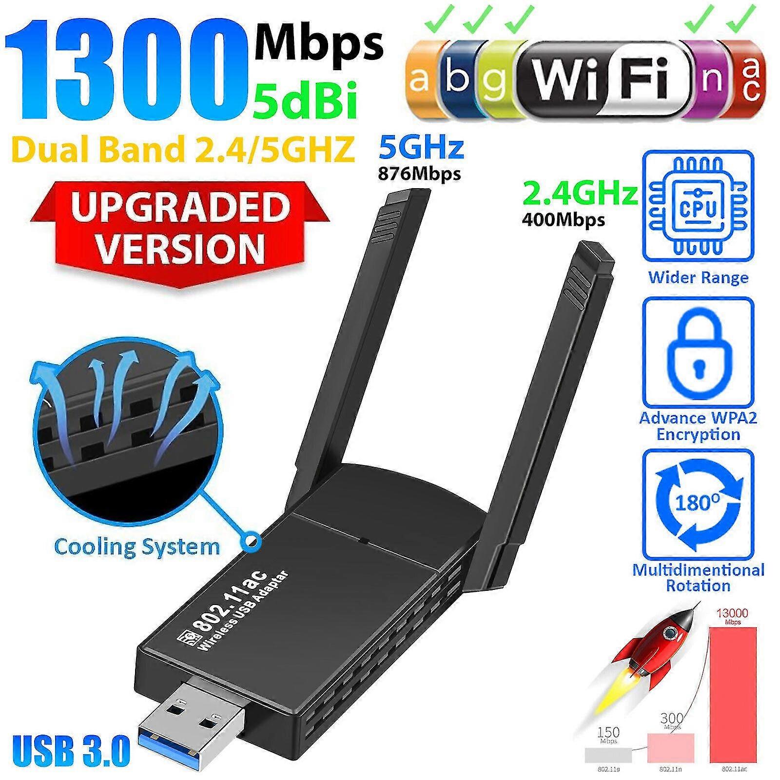 USB 3.0 Wifi Adapter 1300Mbps Wireless Dongle Dual Band 2.4G/5G Dual Antenna PC