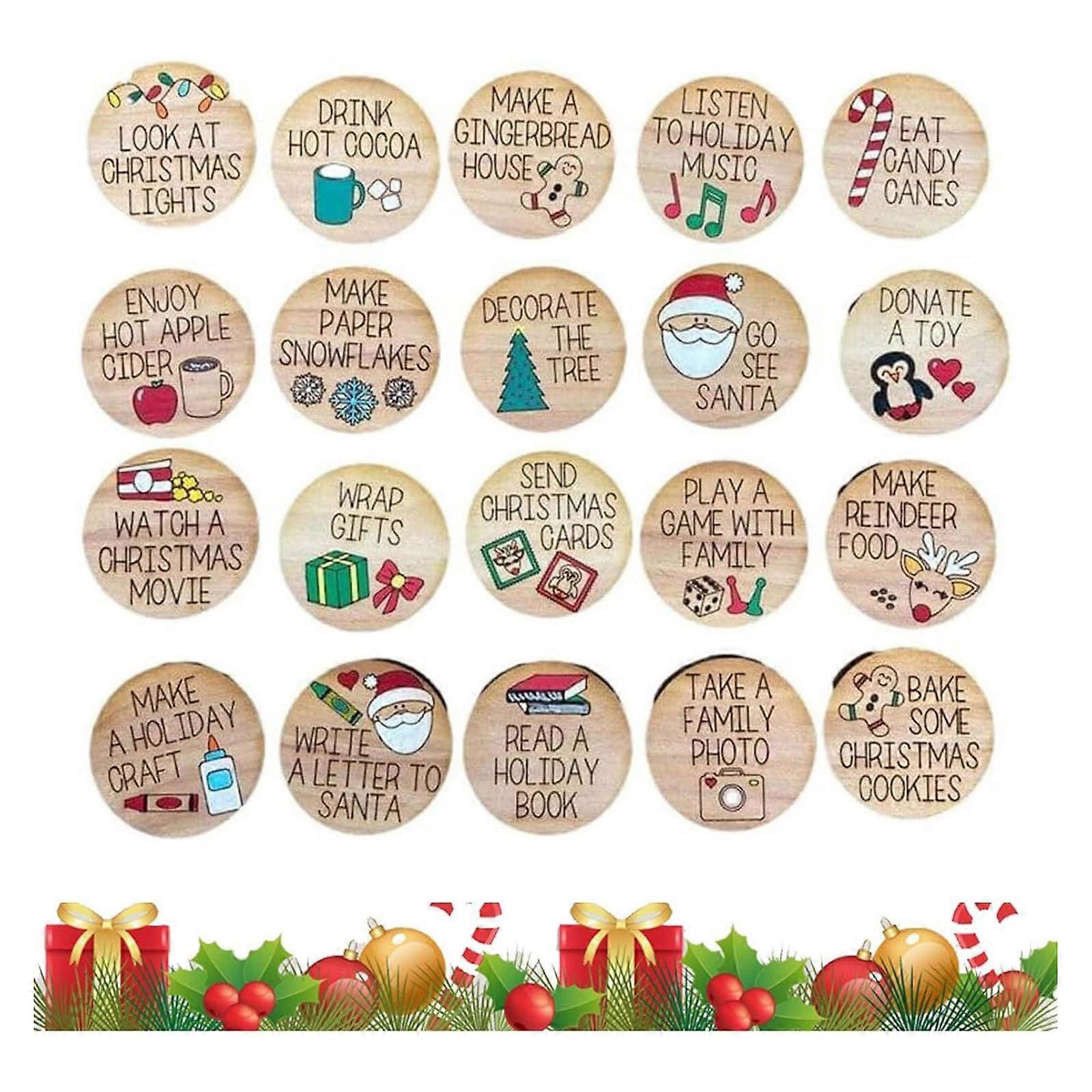 20 stuks Kerst Countdown Tokens Set, Houten Kerstmis Advent Countdown Token Munt