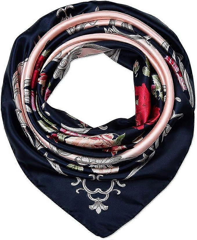 (2pcs - Black) 90x90cm Women Polyester Silk Handle Square Head Scarf Antique Rose Carriage Flower Scarf