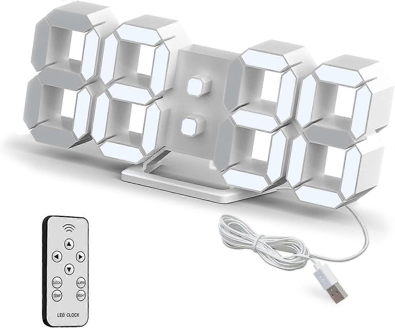 3D LED Digital Wall Clock Small Alarm Clock Remote Control 25.2CM 12/24 Hour Temperature Date Display Time Memory Snooze Function Night Light Luminos