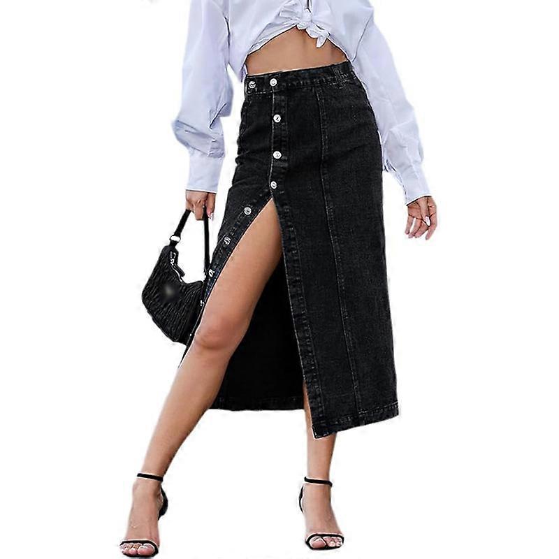 Womens High Waisted Washed Button Front Denim Long Skirt