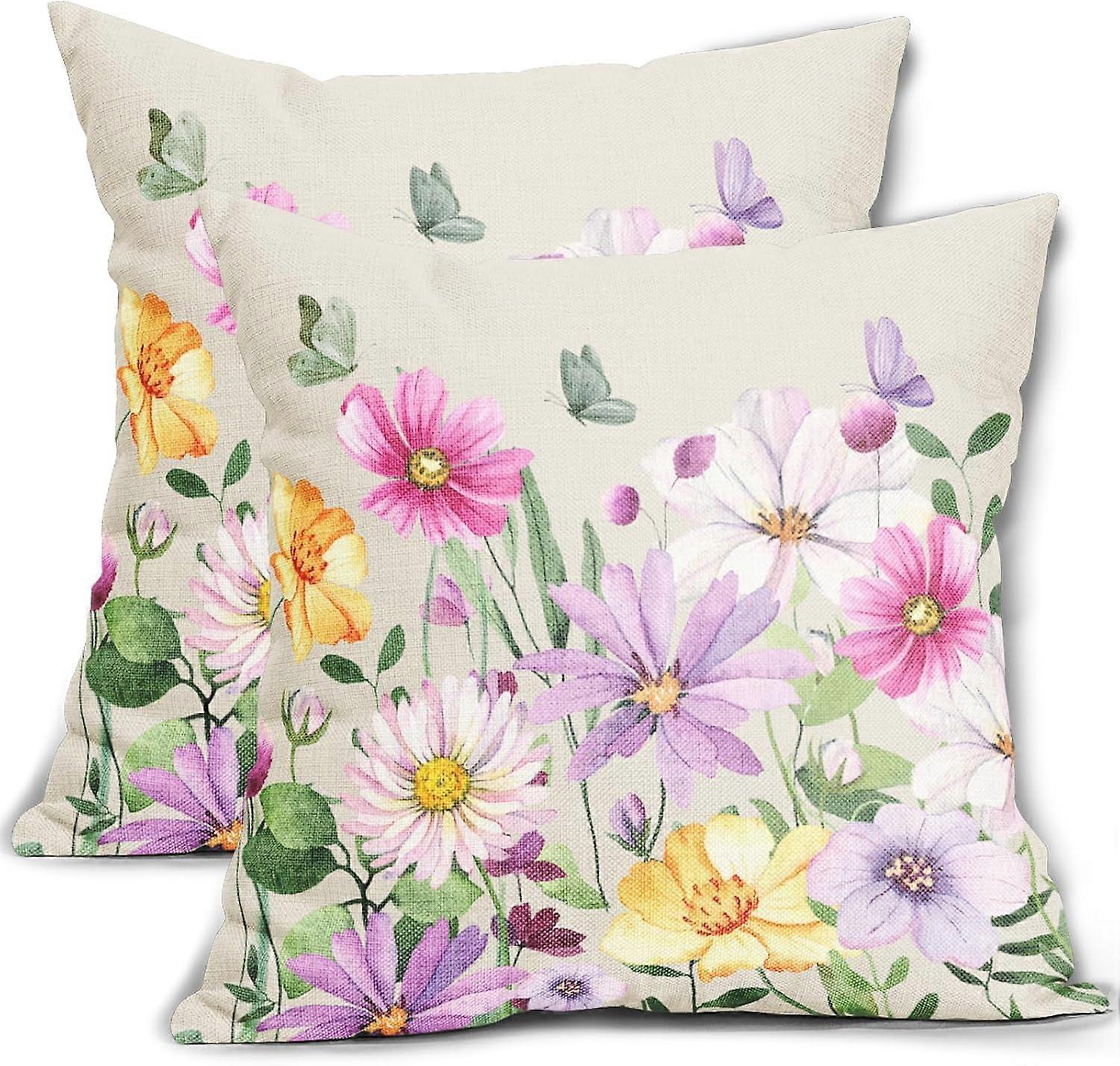 Spring Floral Pillow Covers 20x20 Set of 2 Pink Purple Green Flower Leaf Plant Print Plant Decorative Throw Pillow Cases Outdoor Summer Farmhouse Deco