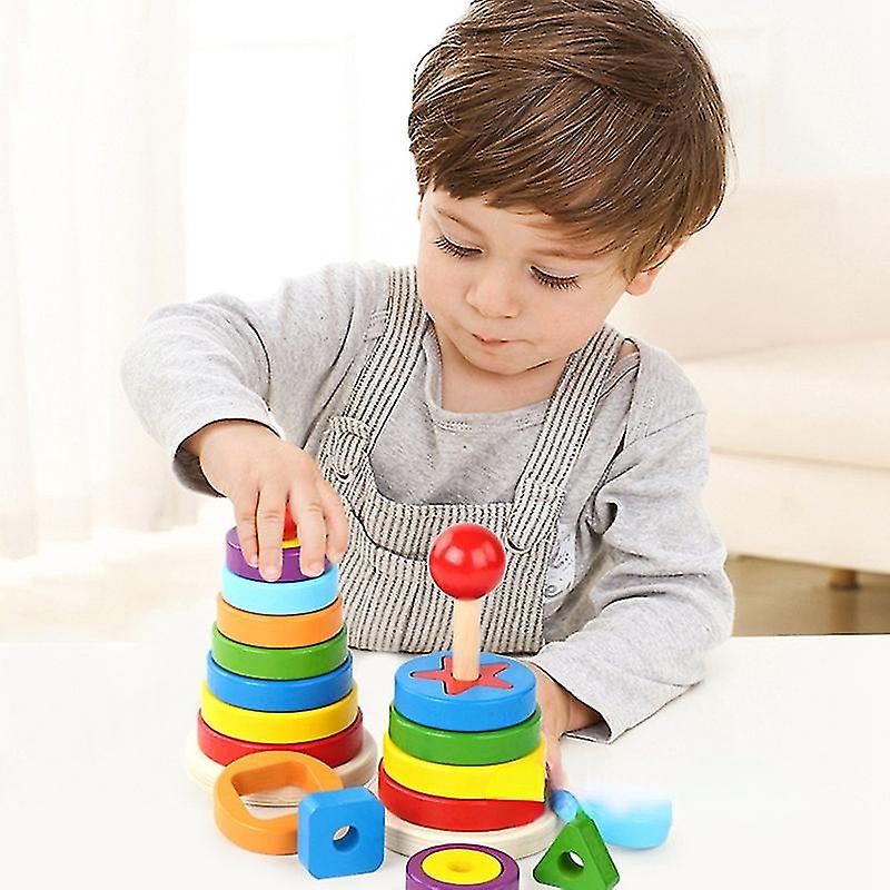 Children's Wooden Stacking Toy Rainbow Tower Educational Toy Color Pattern Recognition Geometry Learning-large