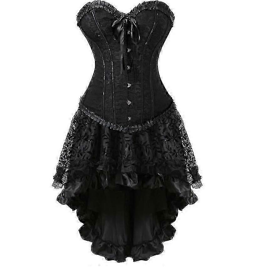 Burlesque Korse Ve Dantel Fırfırlı Düzensiz Etek Set Gotik Önlükler Korseler Bustiers Party Plus Size Vintage Seksi Korse Elbise Siyah