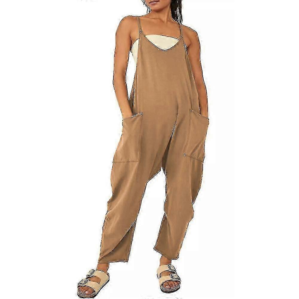 Women's Plain Casual Long Overalls Bib Pants Jumpsuit Playsuit Baggy Romper With Pockets Plus Size