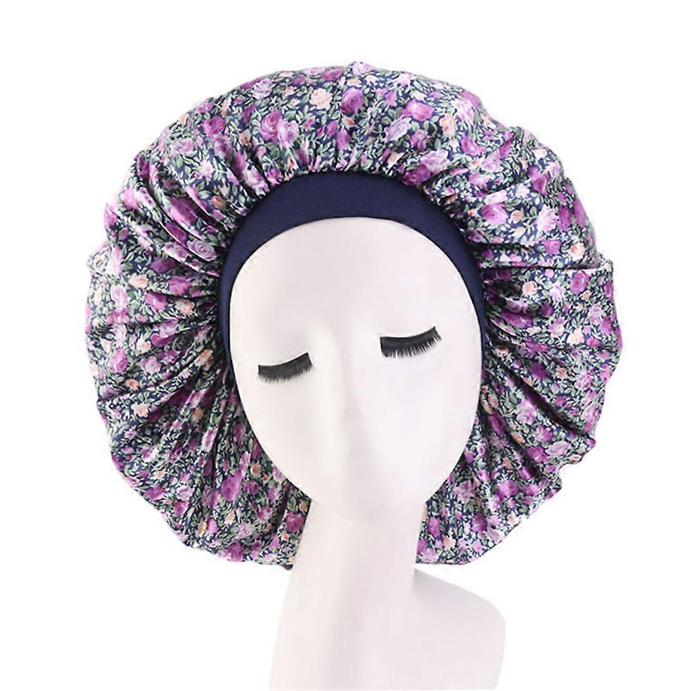 Γυναίκες Floral Print Ελαστικό Wide Band Turban Hair Protection Cap Κάλυμμα περιτυλίγματος κεφαλής (μωβ)