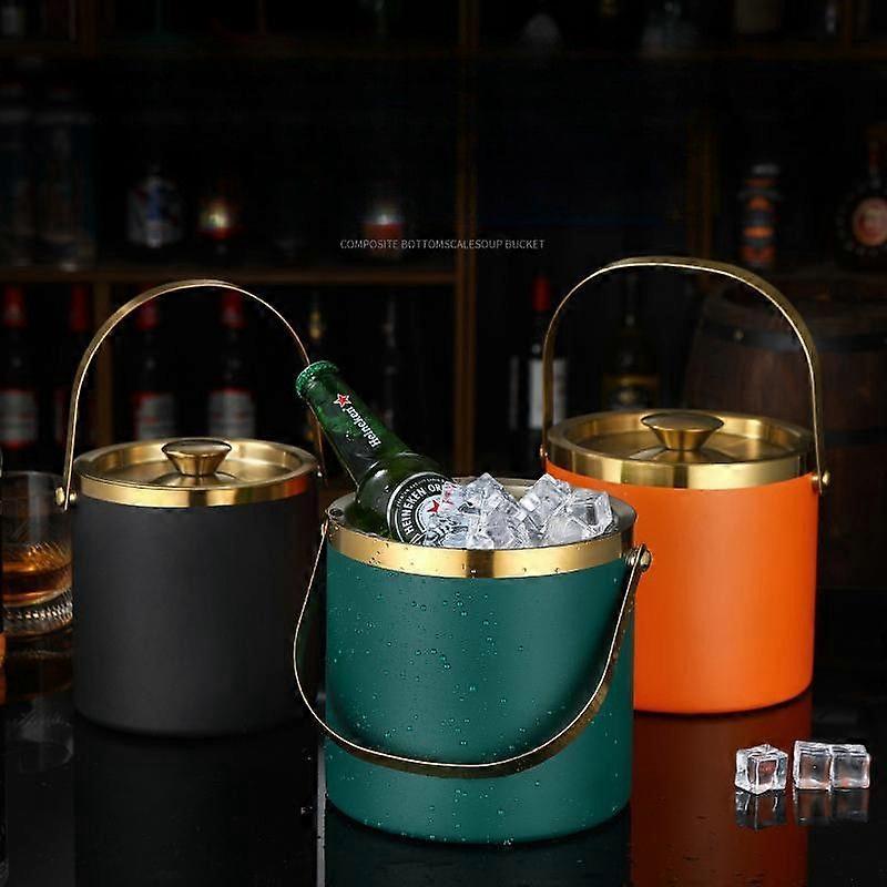 Ice Bucket, Stainless Steel, Double-Walled, Ice Bucket with Lid & Handle, 2 L, Ice Cube Bucket Gree