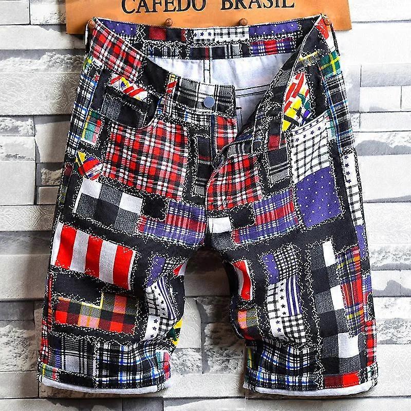 Summer Designer Floral Plaid Print Denim Shorts Streetwear Hole Straight Slim Casual Jeans Shorts Male Brand Clothes