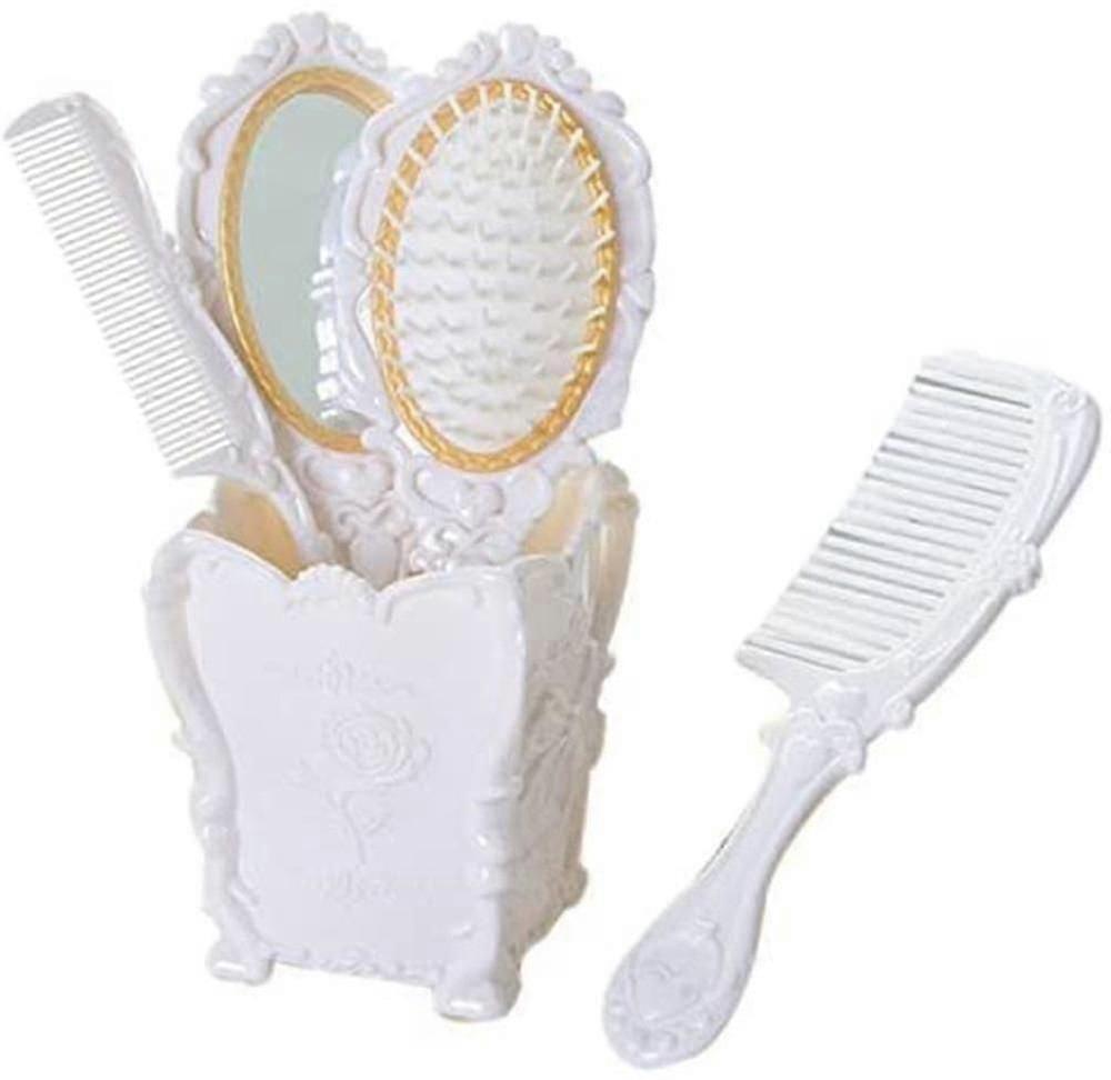 4 Pieces Ladies Retro Comb Set With Embossed Handheld Mirror(white)