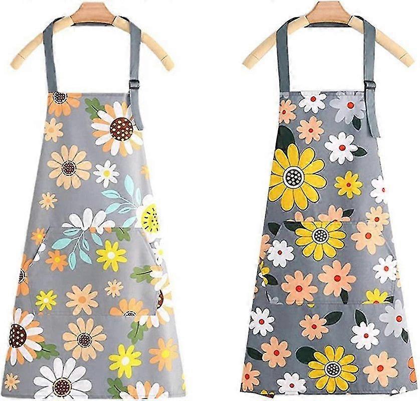 Waterproof Kitchen Aprons,2 Pack Floral Aprons with Pockets