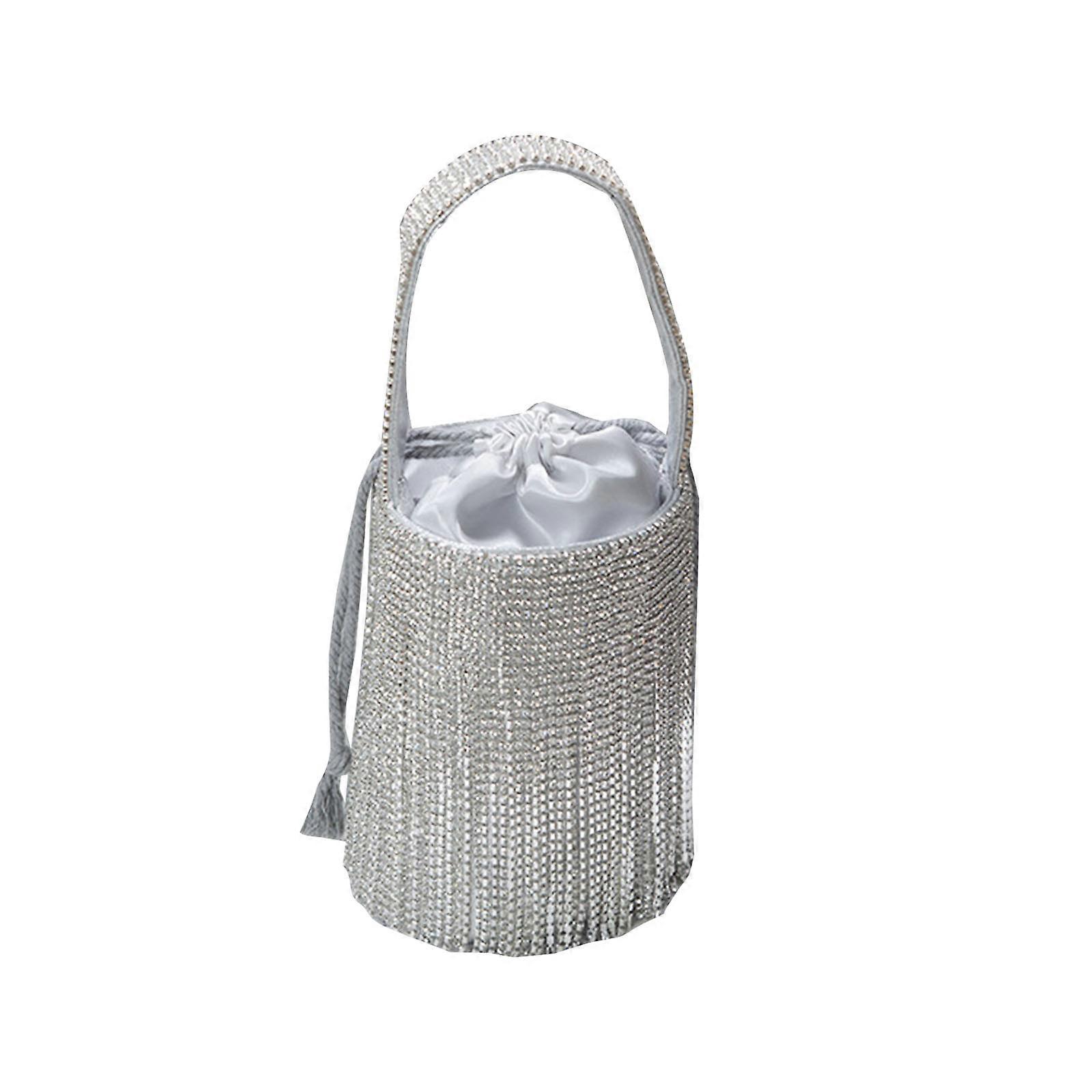 Women Fashion Tassel Chain Bucket Evening Bag Wedding Party Cocktail Prom Hand Wallet for Womens Girls Silver