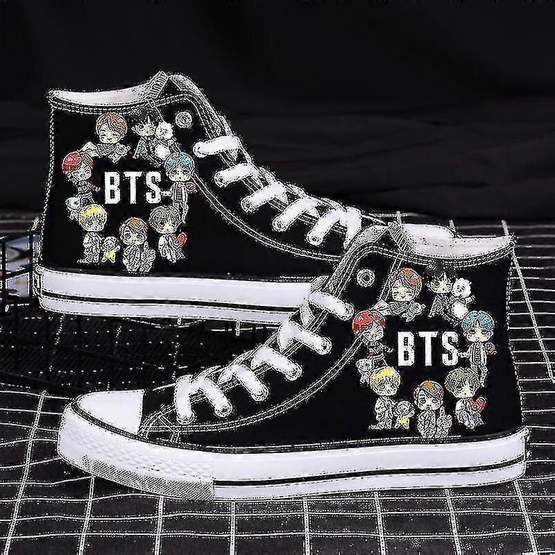 Bts Canvas Boty Hvězda Pohodlné Neformální Boty Muži A Ženy Kreslený Tisk High-top Board Boty Černá