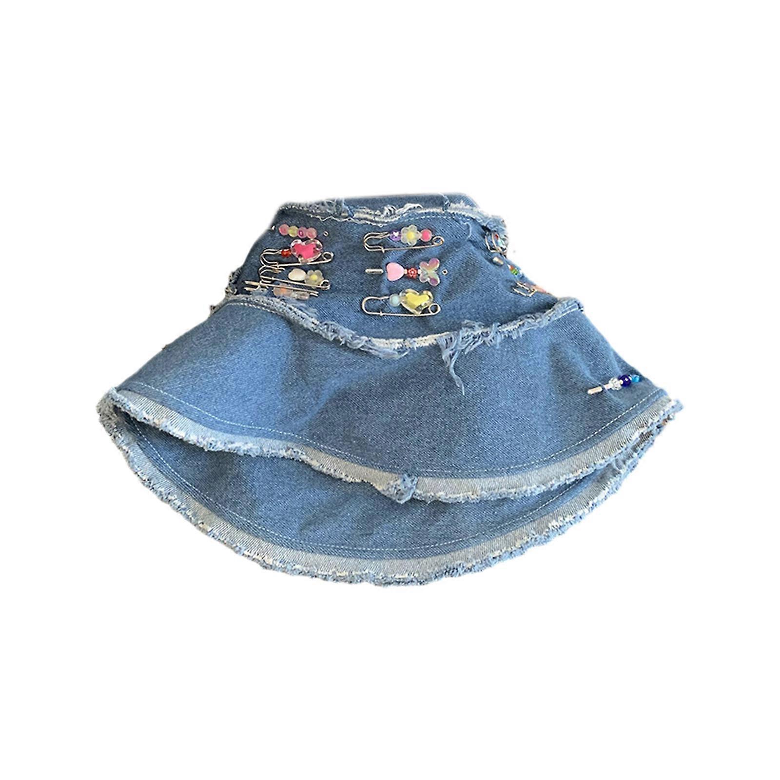 Y2K Wide Brim Bucket Hat Adjustment Rope Breathable Sunshade for Summer Sunshade Cap with Colorful Pins Beanie Hat Denim Blue