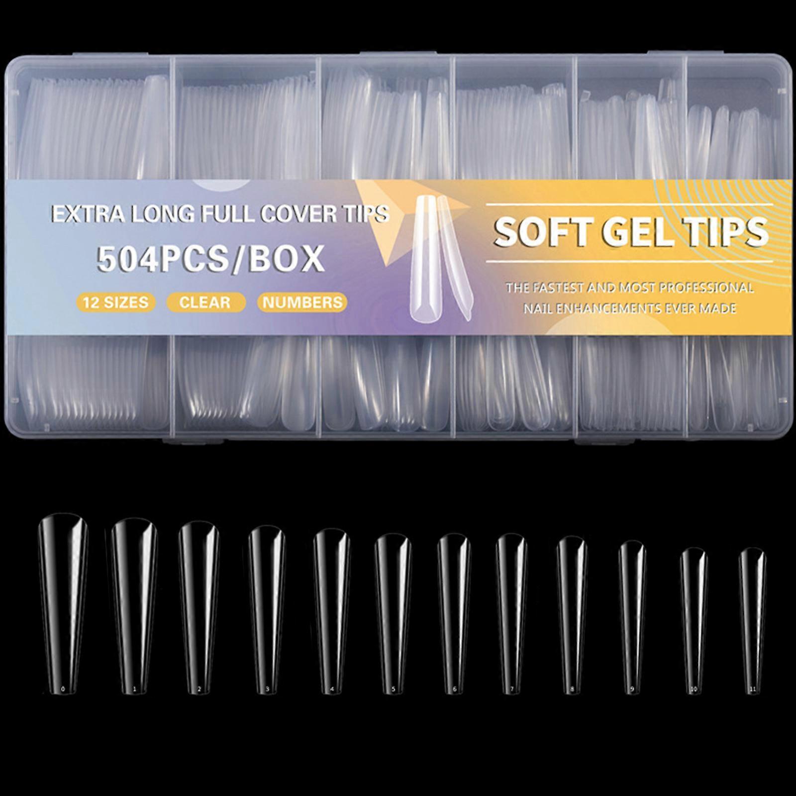 504x Vârfuri de acoperire completă extra lungi Vârfuri de unghii acrilice Unghii false Vârfuri de geluri moi Vârfuri de unghii clare Apăsați pe unghii pentru femei