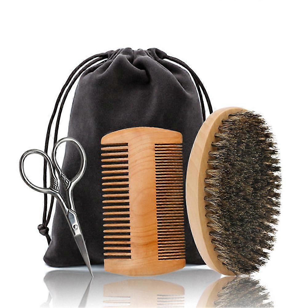 Beard Brush and Comb Set with Soft Boar Bristle, Bamboo Wide Tooth Comb, and Precision Scissors for Straightening and Softening