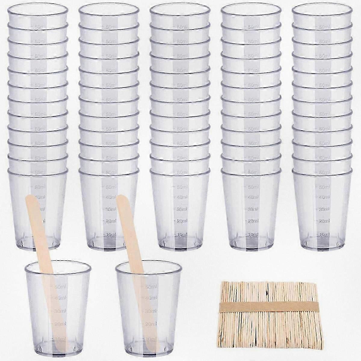 90-Piece Epoxy Resin Mixing Cup Set, Includes 40 Graduated Measuring Cups with Clear Measurement Markings and 50 Wooden Mixing Sticks (50ml Capacity)