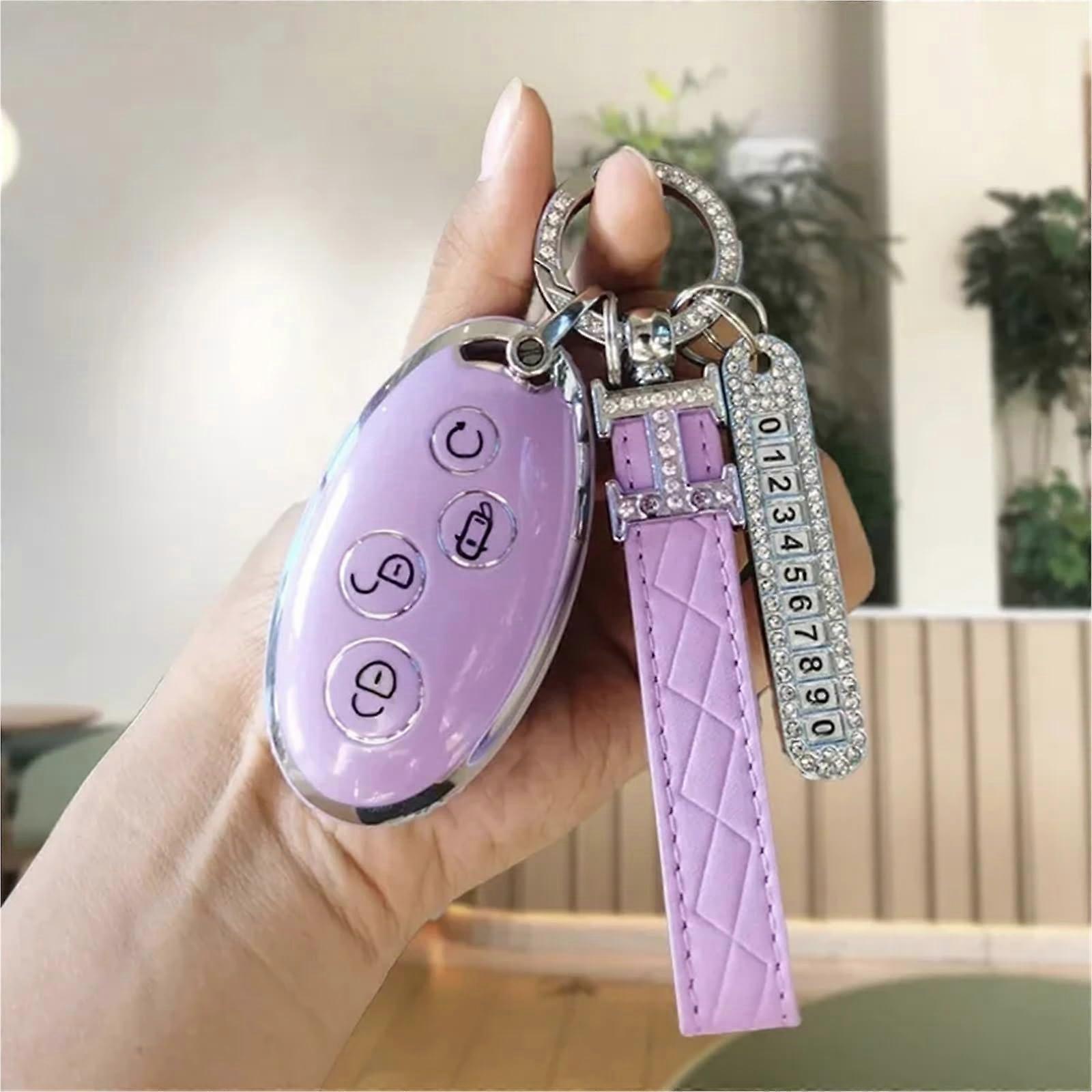 Car Key Cover Full Shell Buckle for BYD Yuan S7 Song Plus Max Qin Compatible Purple Lanyard Number Plate