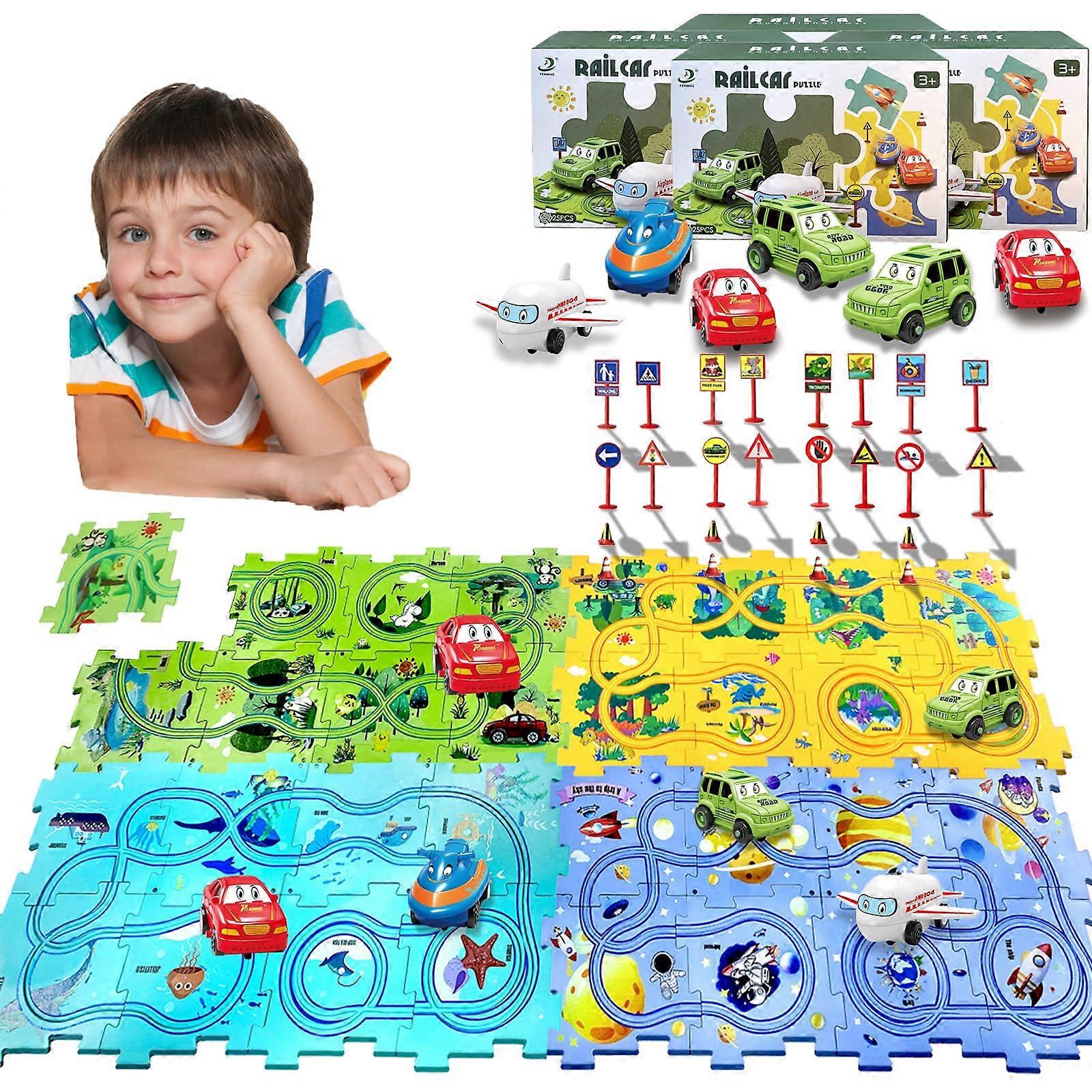 Puzzle Racer Kids Car Track Set with Puzzle Tracks and 6 Vehicles for Ages 3+ - 4 Styles, Durable Plastic, Fun Playtime