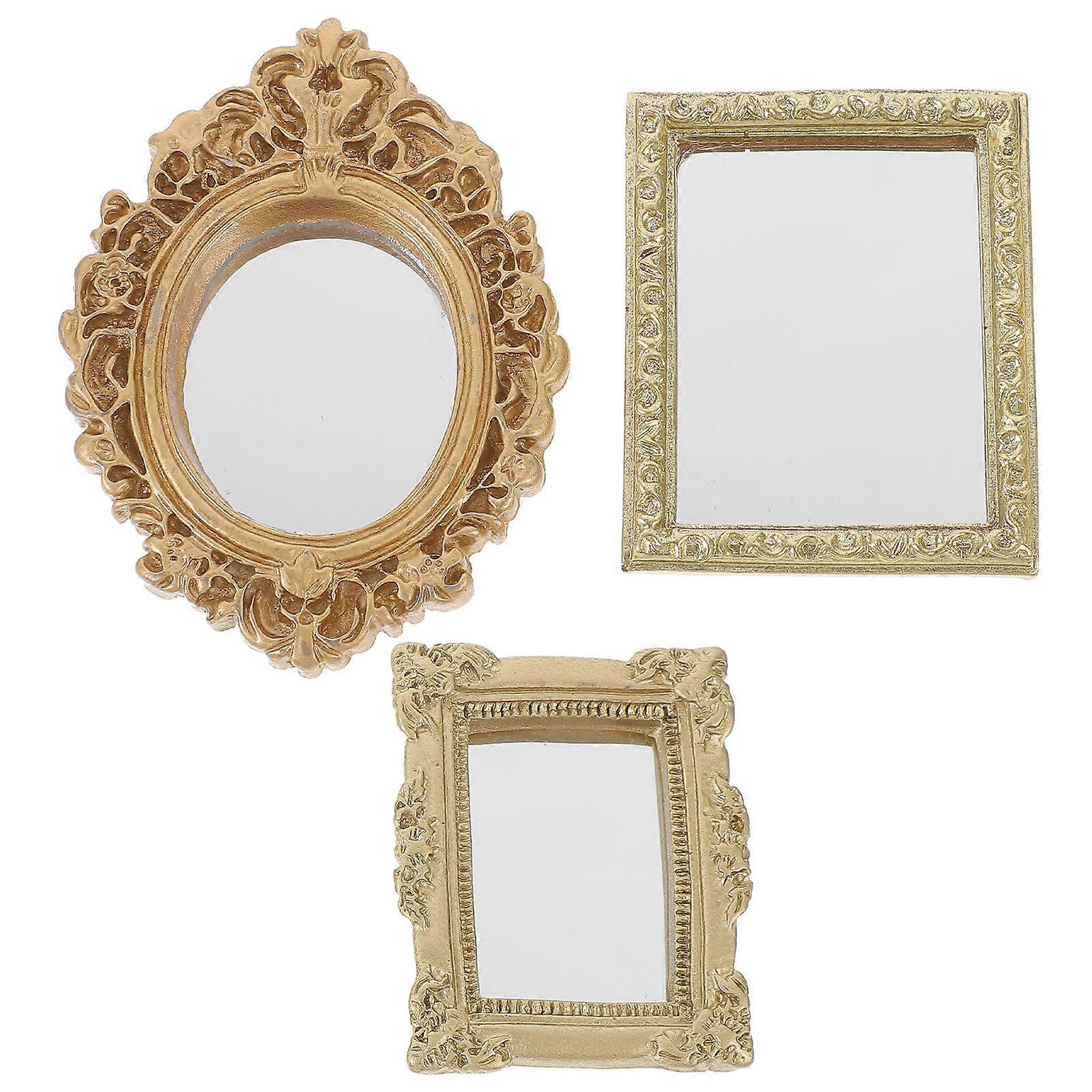 Miniature Handheld Mirror For Dollhouse Tiny Mirror Golden Color Plastic Material 3Pcs