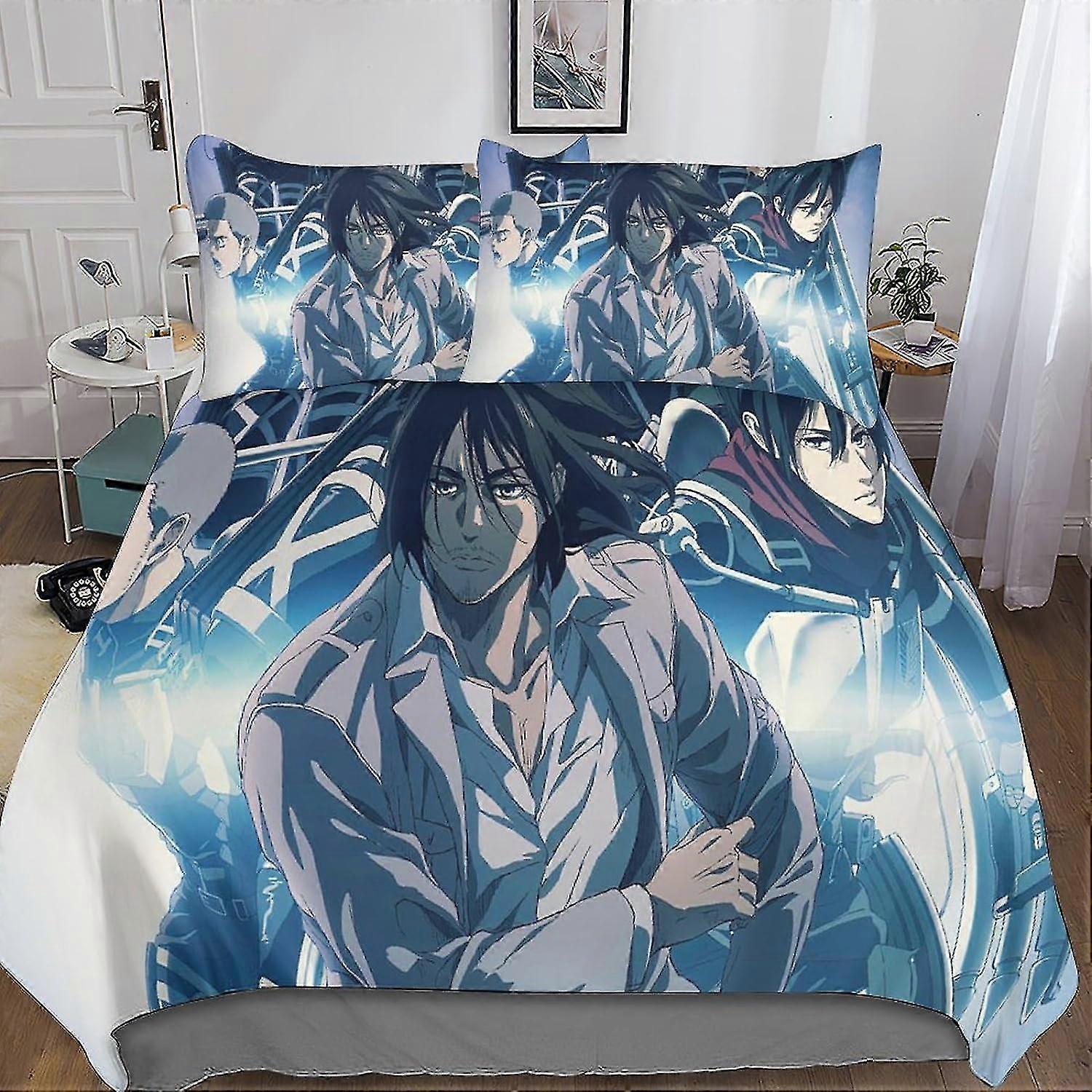 Set di biancheria da letto 3D con design Attack On Titan, copripiumino in morbida microfibra per ragazzi e ragazze, copripiumino in 3 pezzi con cerniera nascosta