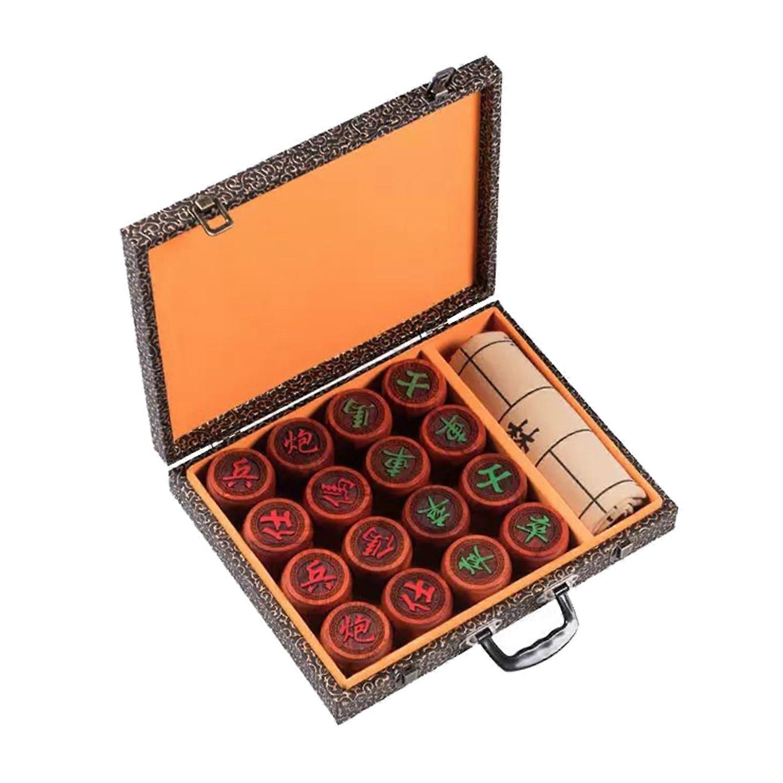 Chinese Rosewood Chess Set 2Player Strategy Board Game, Xiangqi Puzzle Travel Game with Leather Chessboard Gift Box (Size: 5.8cm/2.3in)