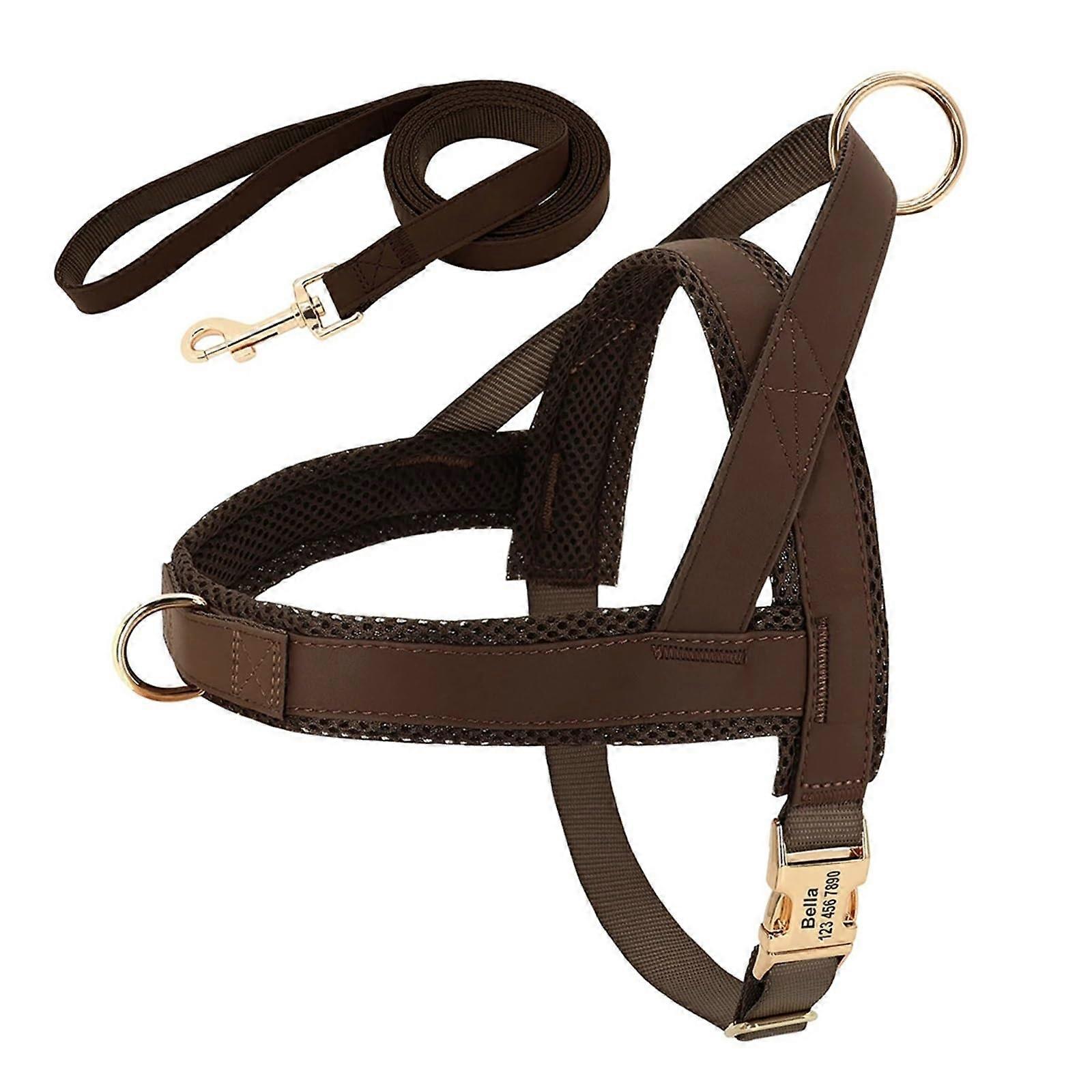 Leather Dog Collar And Harness And Leash Set Brown Small