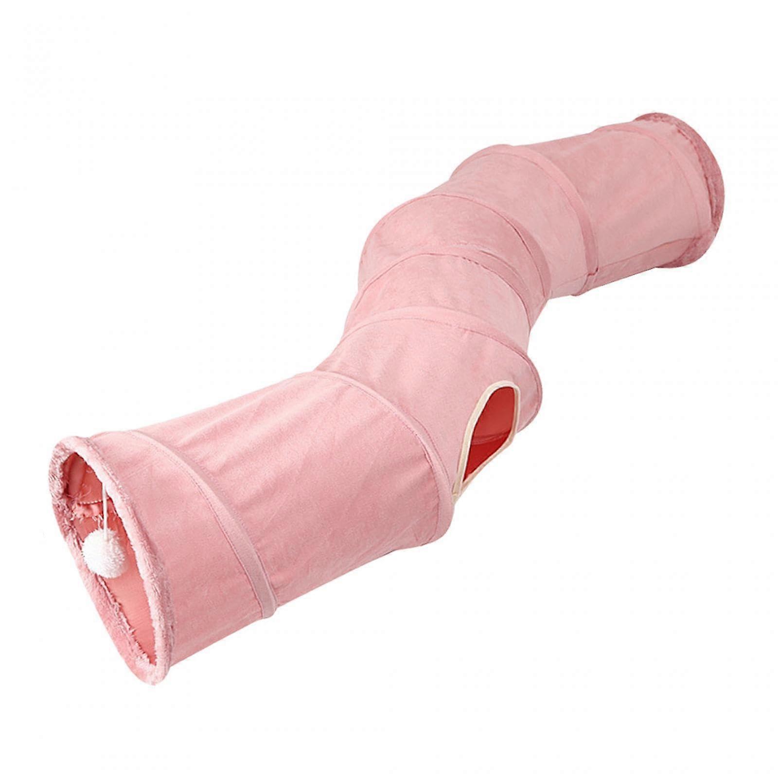 Foldable cat tunnel tube, interactive toy with bell ball for small pets, Pink