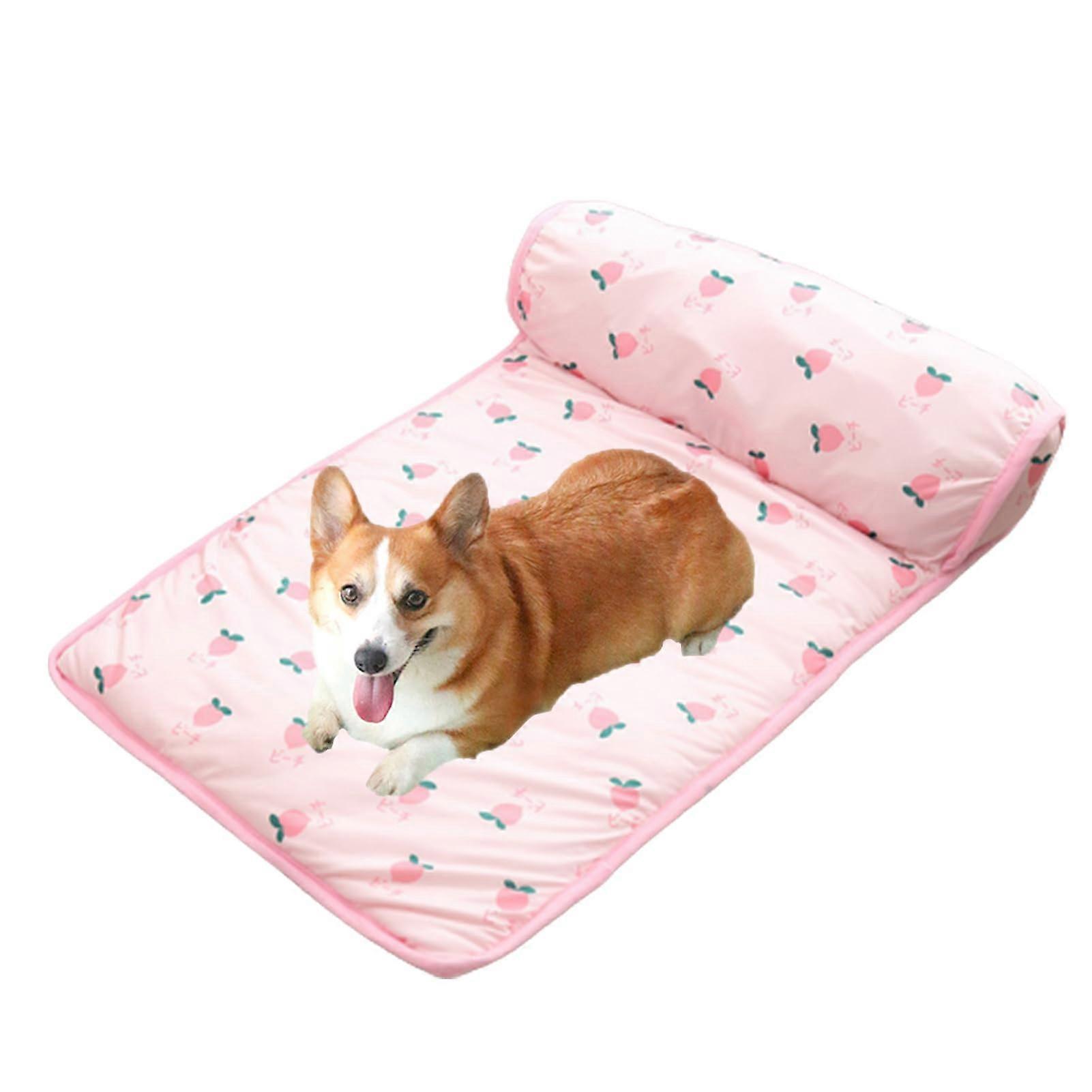 Pet Cooling Mat, Summer Pet Bed Made of Ice Silk with Cushion (L, Pink)