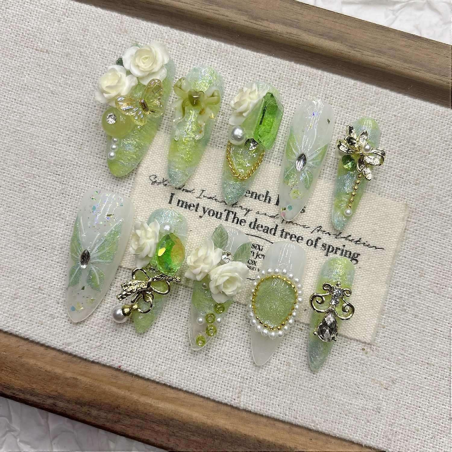 Green Cat Eye Press on Nails Handmade Elegant False Acrylic Nails