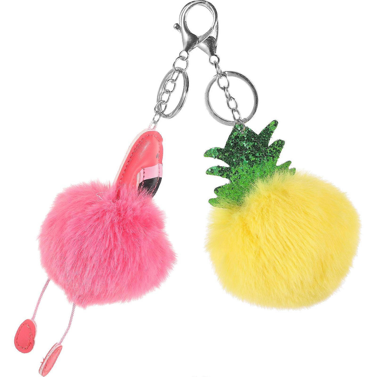 Fluffy Plush and Metal Keychain with Cute Flamingo and Pineapple Design Assorted Color