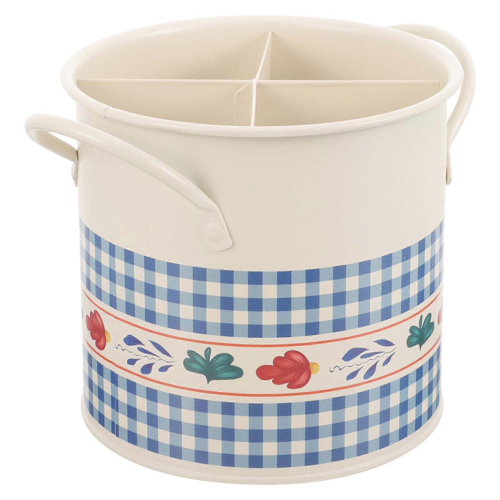 Retro Iron Cutlery Bucket with 4 Compartments for Kitchen Utensil Storage and Organization