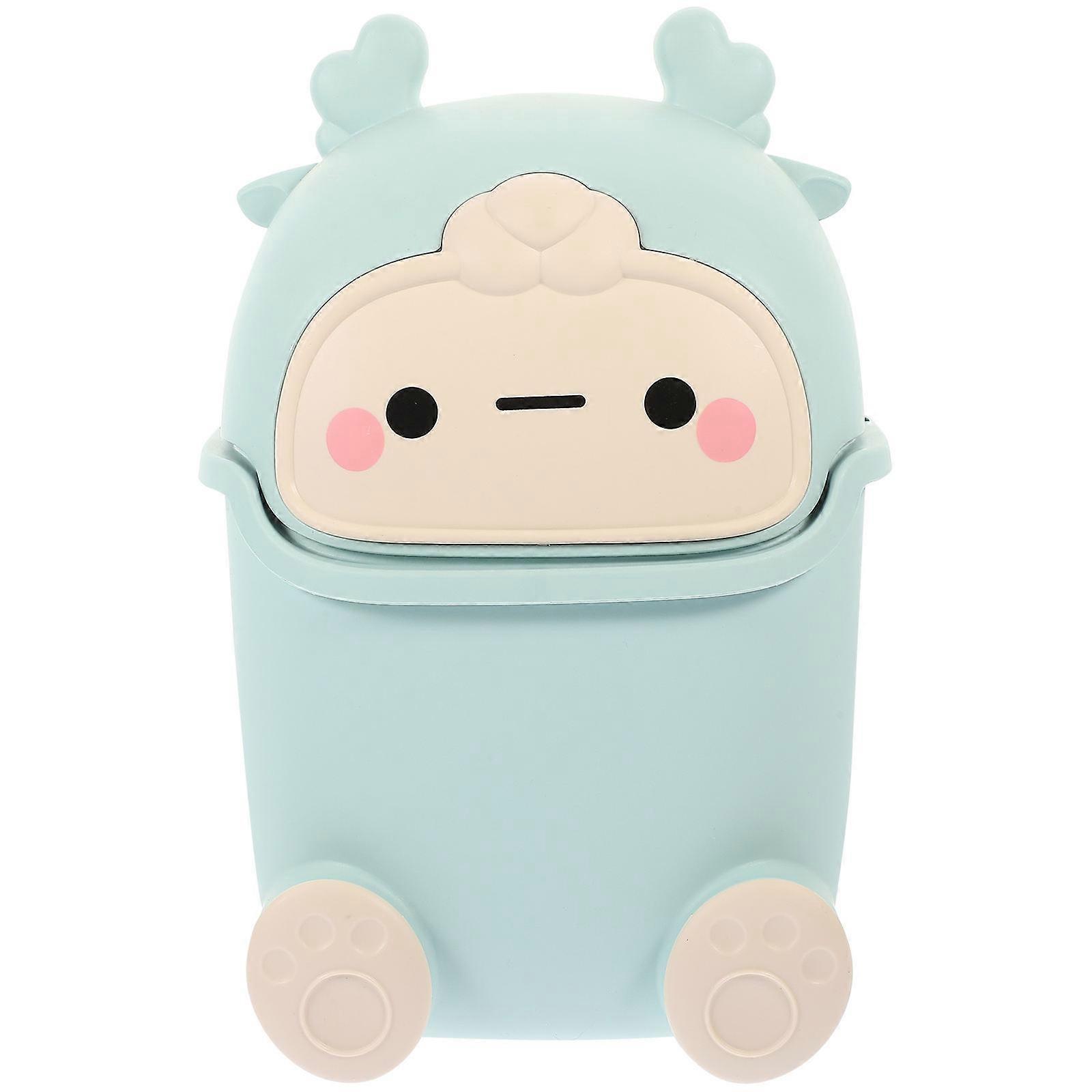 Cartoon Elk Desktop Trash Can With Lid For Tabletop Use Sky-Blue Odor-Free 1Pack