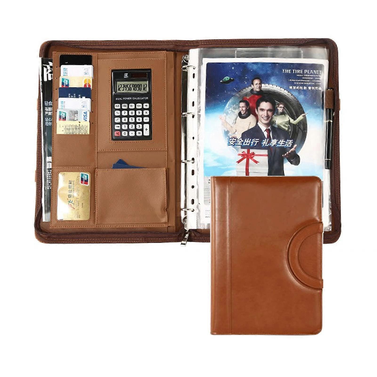 Writing Case A4 Conference Folder with Zip Portfolio Organizer, Brown Leather Ring Binder, Notepad and Pen Holder
