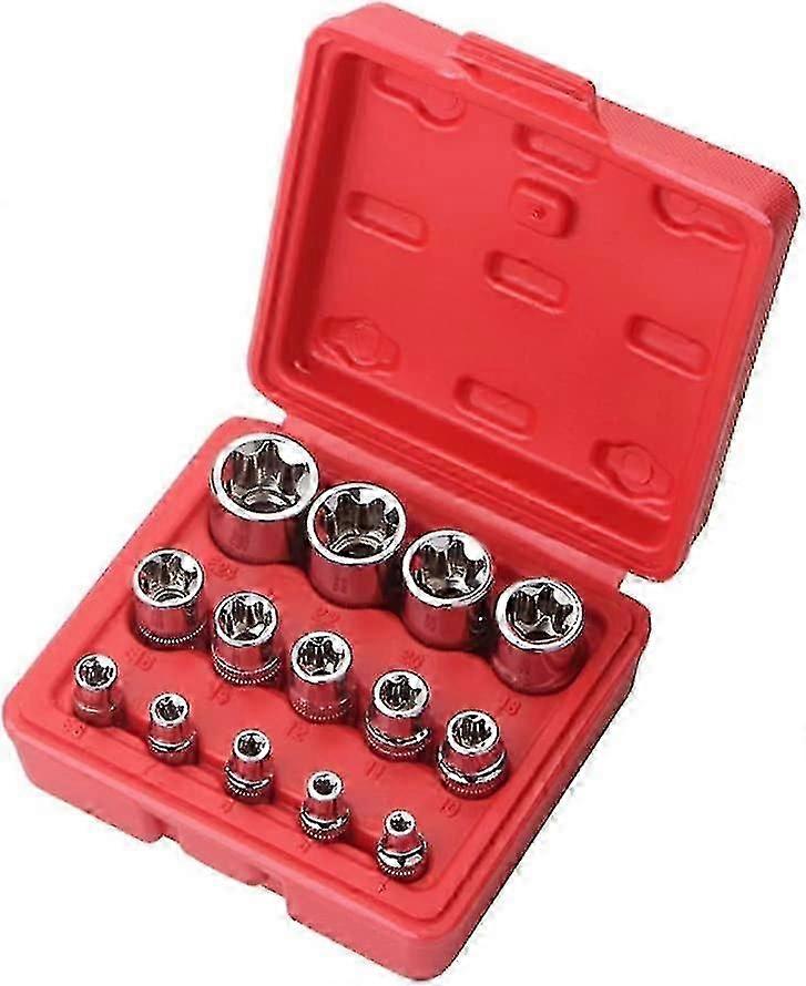 Female E-torx Star Socket Set With Case, 1/4, 3/8, 1/2 In. Drive External Star Socket Set E4-e24 Torque Socket Set(red)(14pcs) Hr
