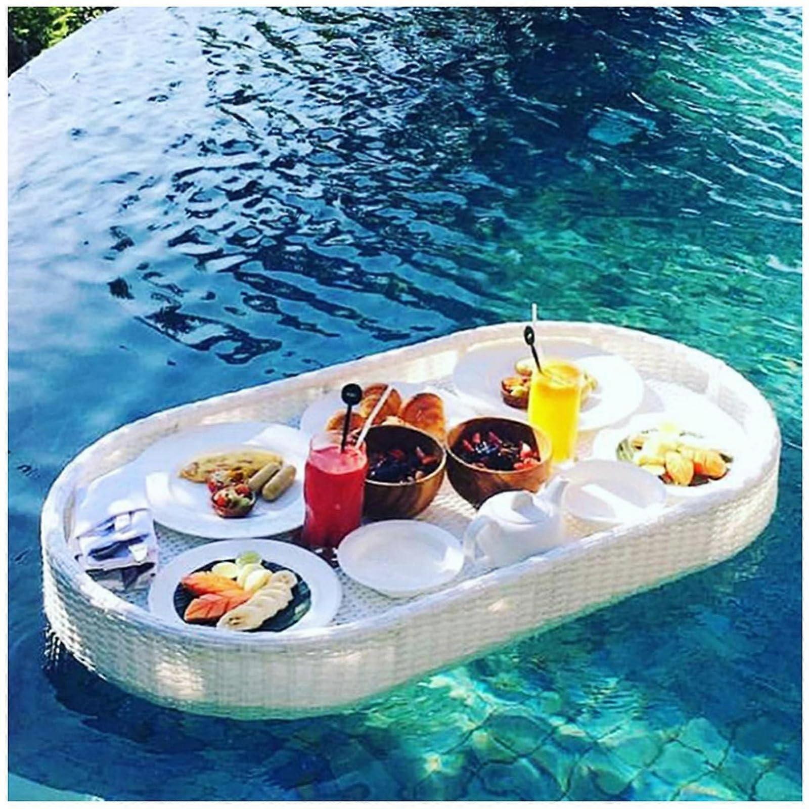 Floating tray, woven serving tray, food tray with handles, multifunctional floating breakfast tray, for bath and parties, white