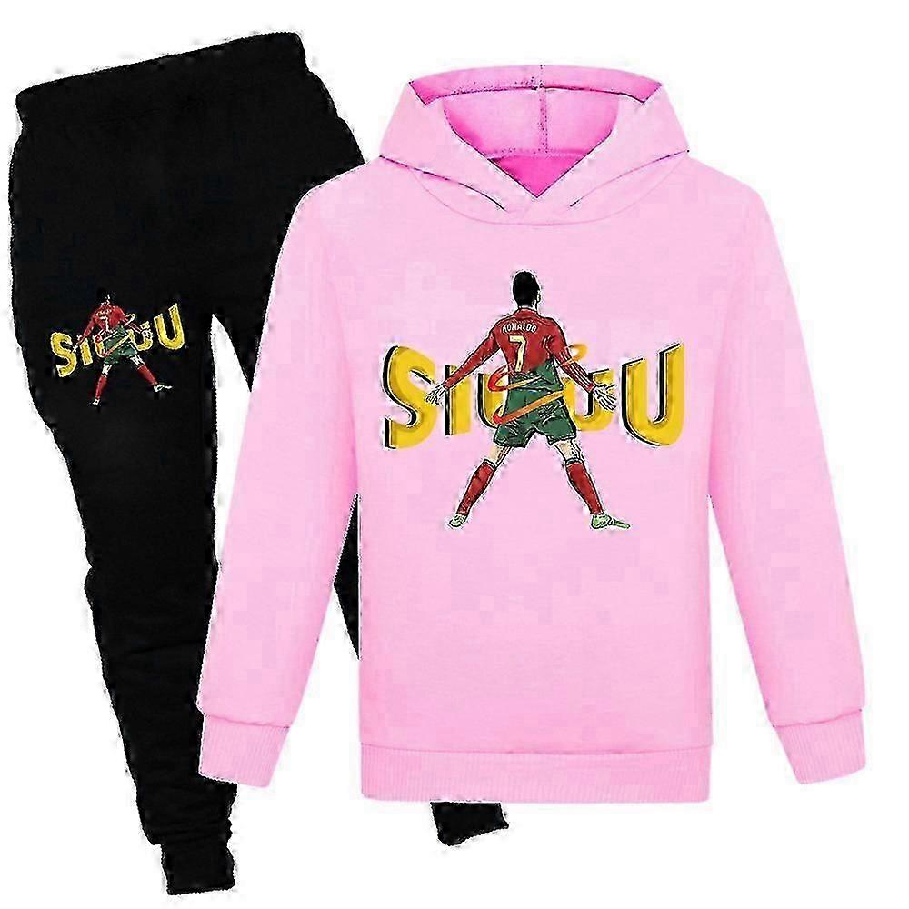 2 PCS Cristiano Ronaldo Moletom com Capuz Copa do Mundo No.7 Presentes de Natal Estrela do Futebol com Capuz e Conjunto de Calça Preta Moletom com Capuz para Meninas e Meninos Pulôver Tops Crianças Te