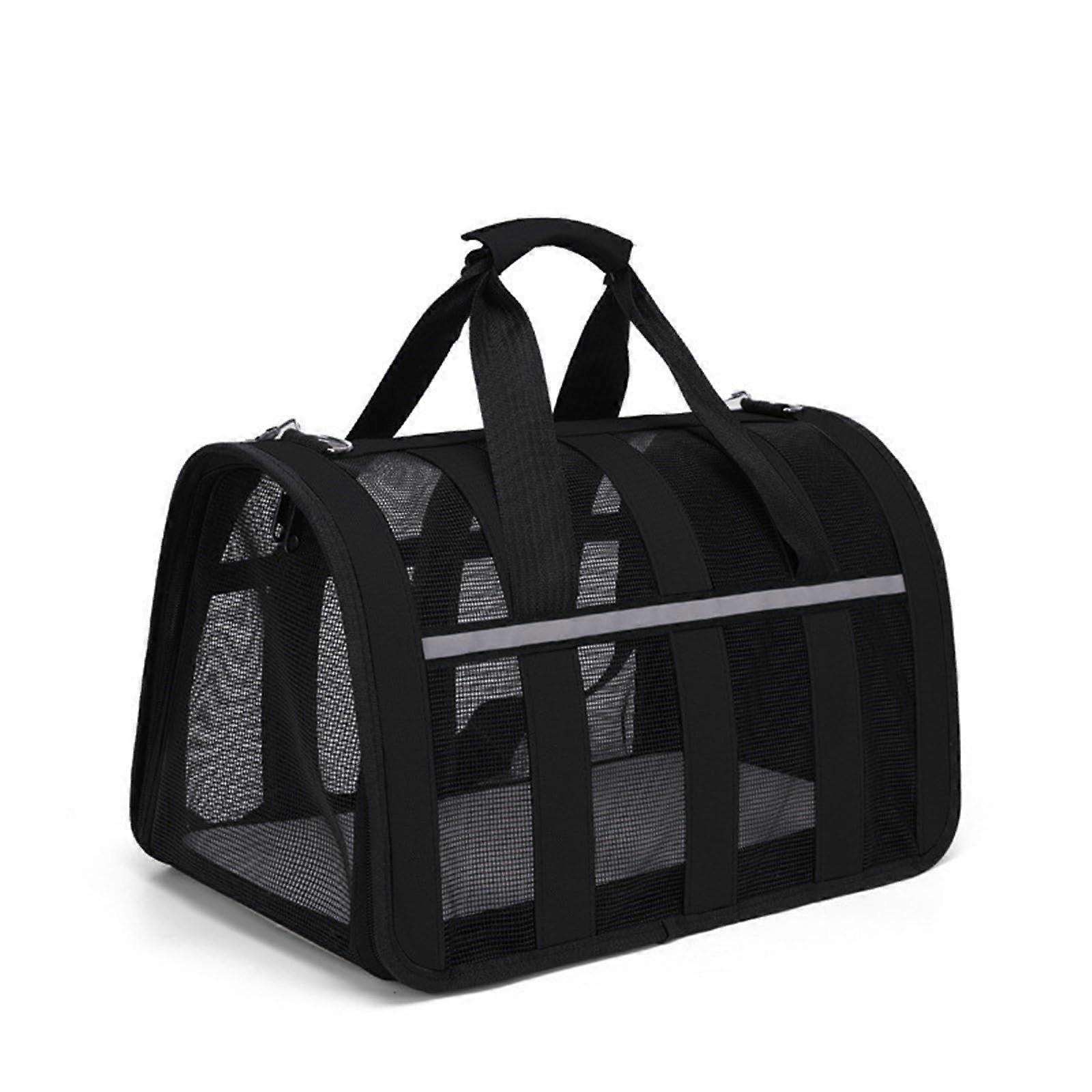 Summer Cat Carrier Bag Travel Ready Ventilated Mesh Secure Lock Foldable Black Medium For Small Dogs And Large Cats