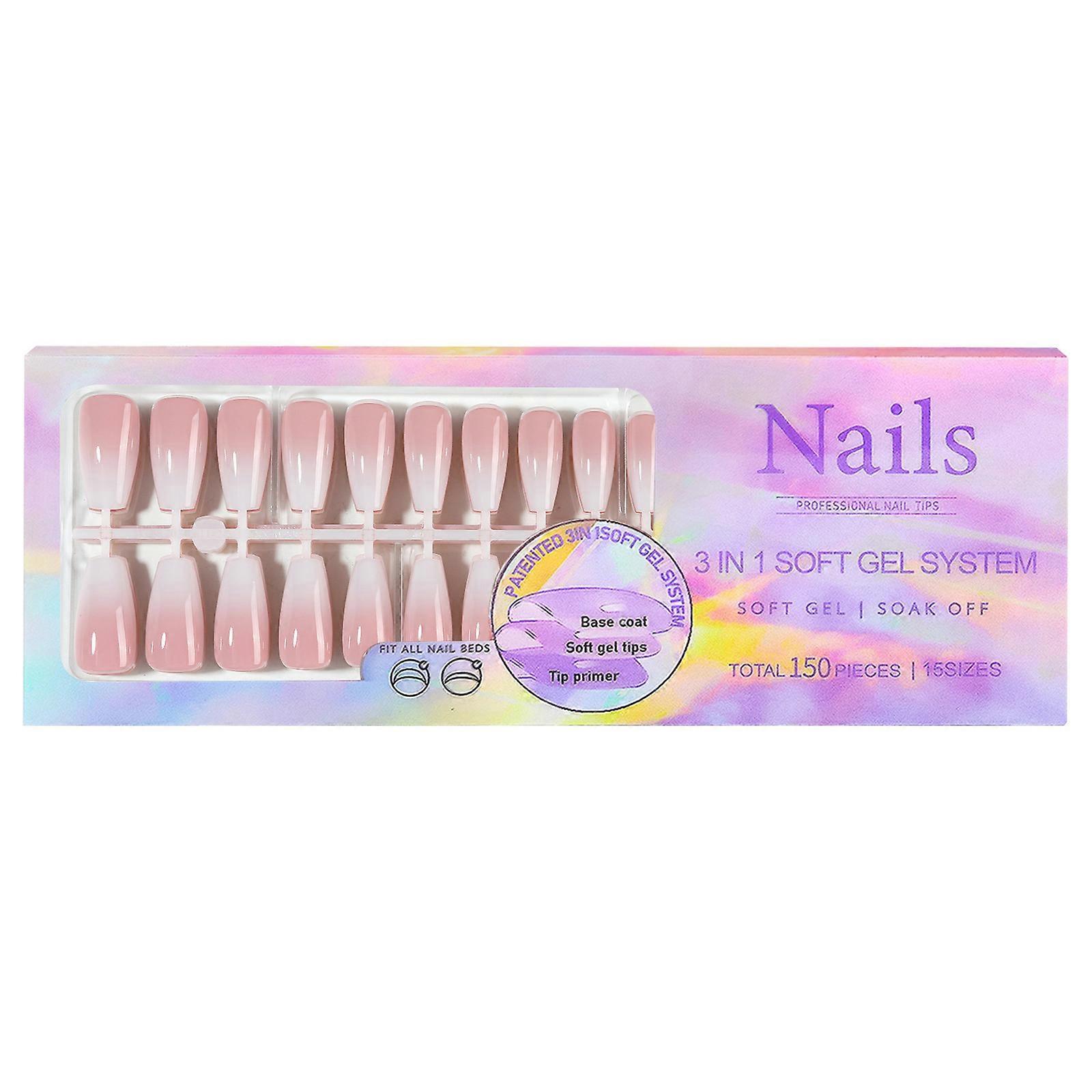 5 Gradient Colors Gel Nail Tips, 15 Sizes, Pre-applied Base Coat