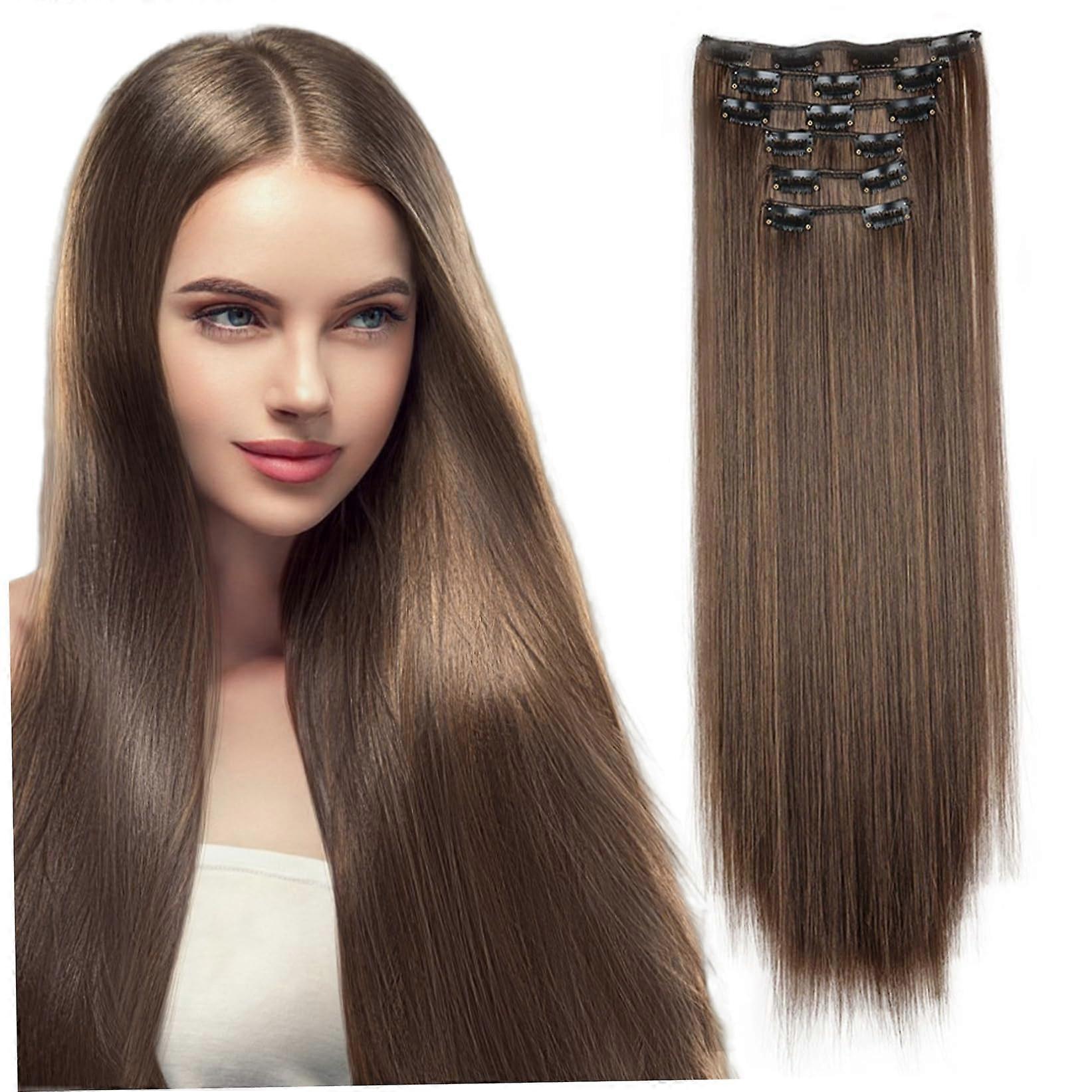 Hair Extensions Clip-In 6-Piece 24 Inch Brown Seamless Invisible Natural Straight Matte High-Temp Silk Hairpieces