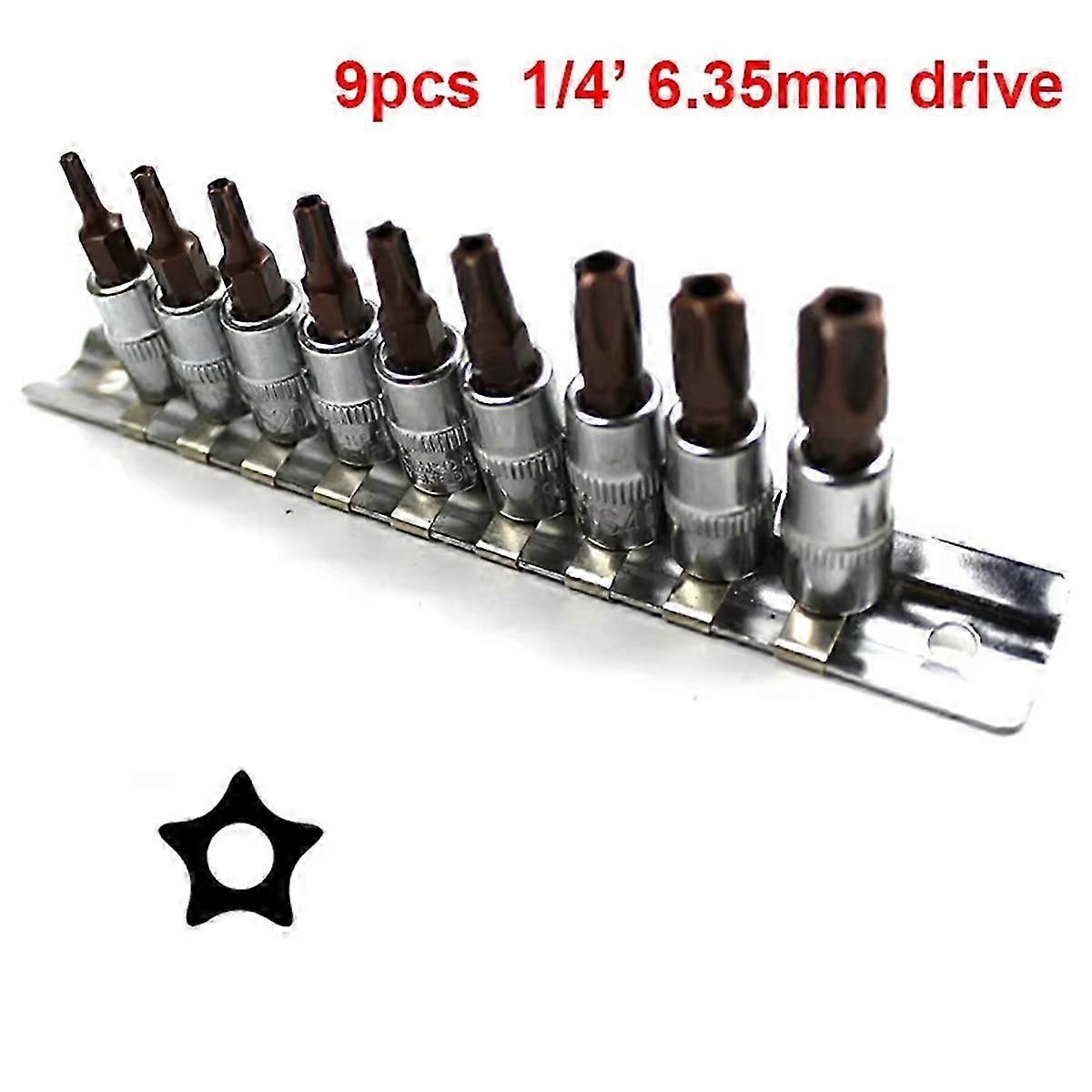 9pcs 5 Point Star Torx Screwdriver Bit 1/4 Inch Drive Socket