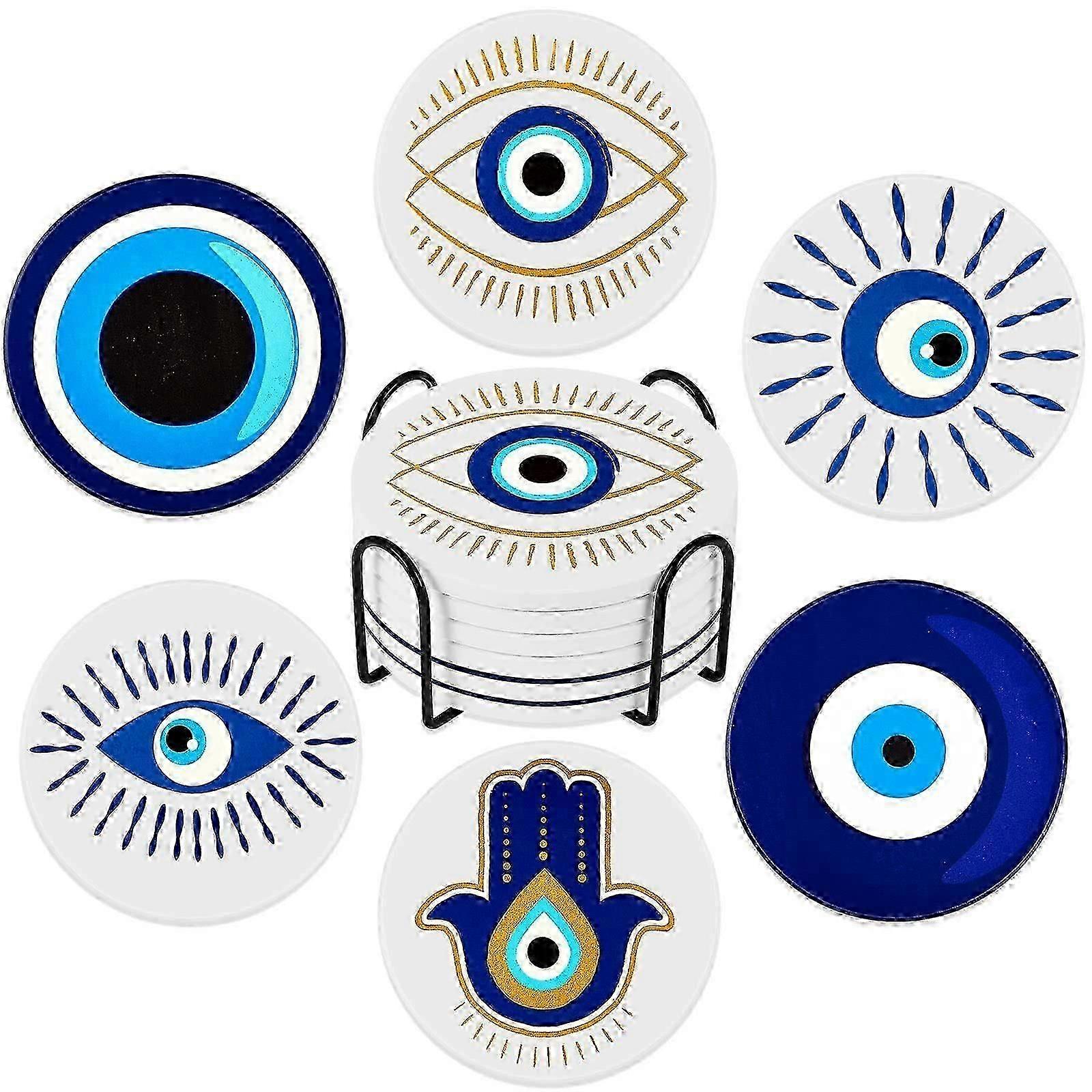 6 ceramic evil eye coasters with cork base
