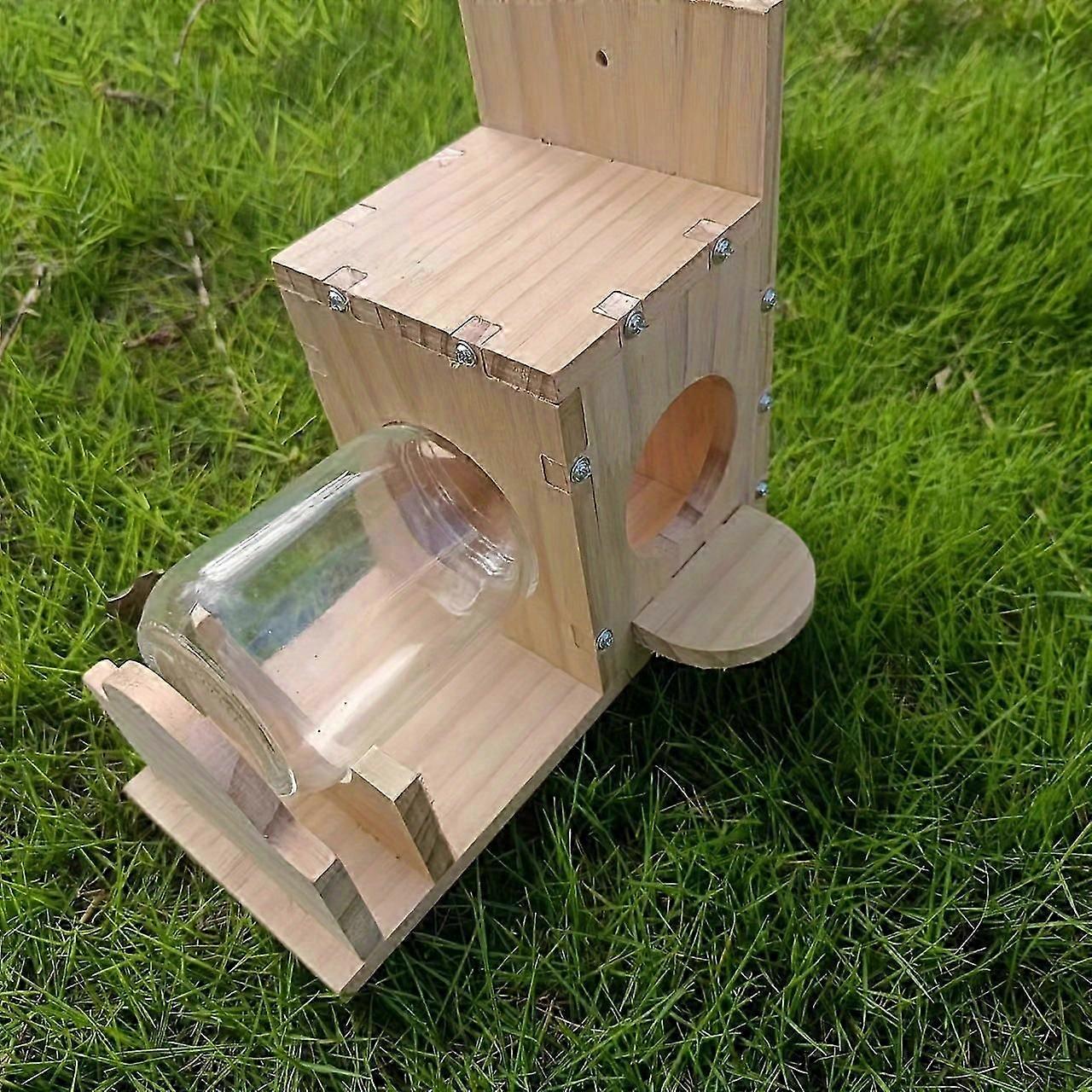Squirrel Feeder Station, Wooden Picnic Table with Corn Cob Holder and Glass Jar, Outdoor Garden Nut Dispenser, Wood Animal Feeding Box for Squirrels