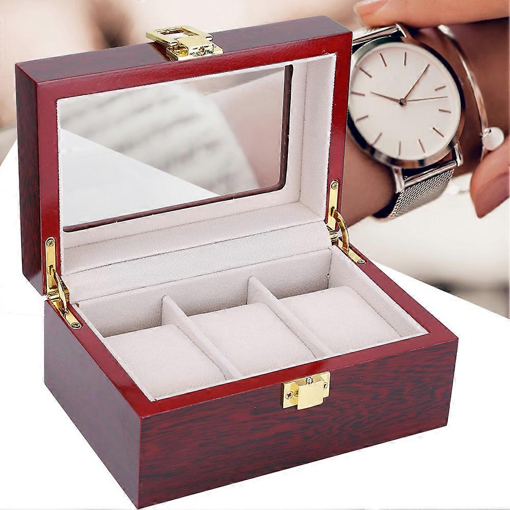 Wooden 3 Grid Watch Display Box with Transparent Window Red 16.5x11x8cm
