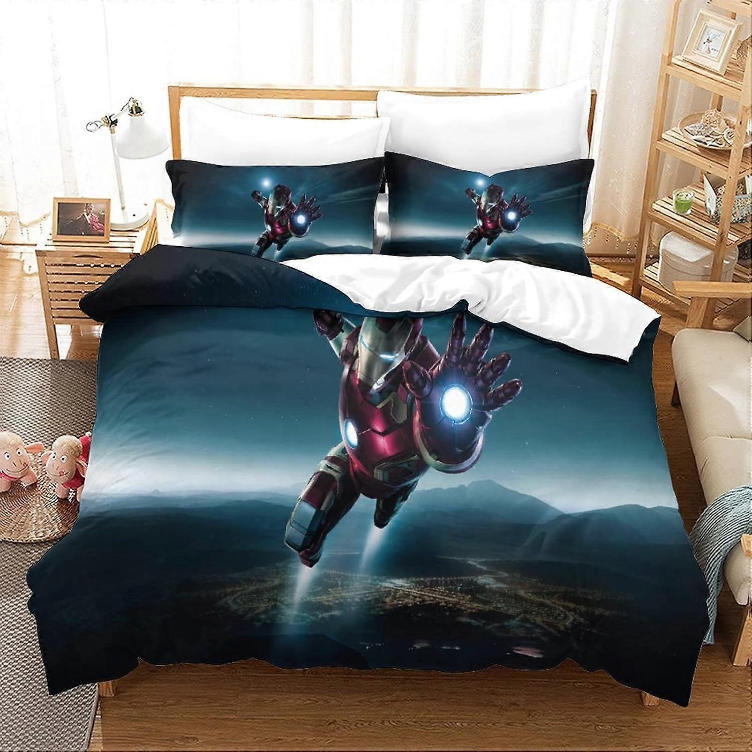 Iron Man Duvet Cover Set for Kids Youth Adults Duvet Covers Double Size Bedding Set with Pillowcases Soft Microfiber Quilt Cover with Zipper Closure E