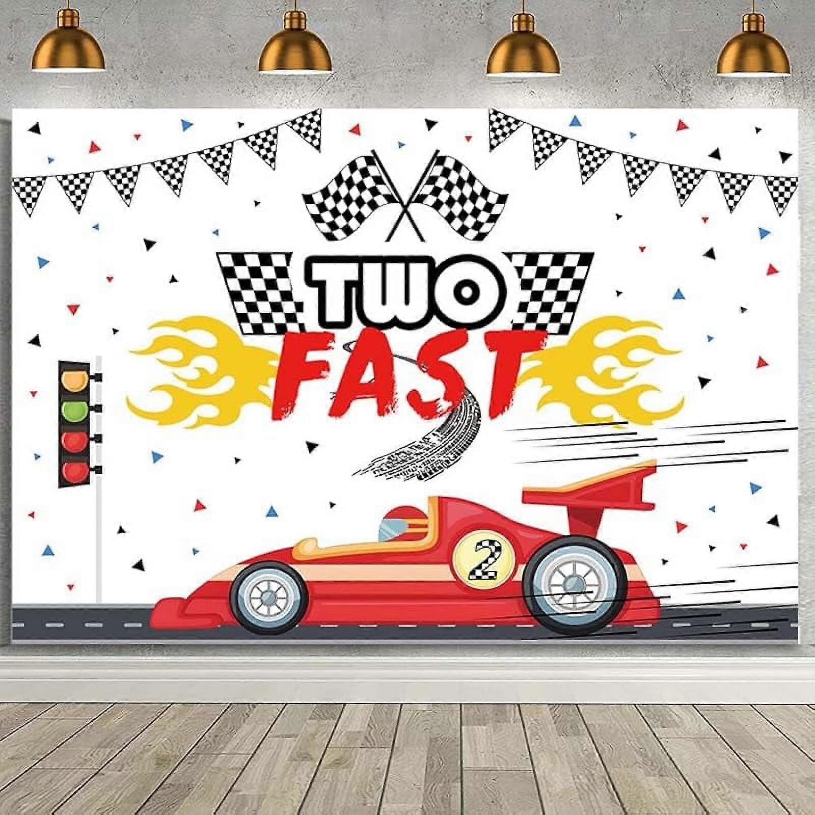 Custom 7x5ft Race Car 2nd Birthday Backdrop, compatible with Two Fast Red Race Car Theme, Checkered Flag Banner, Happy Birthday Party Decor