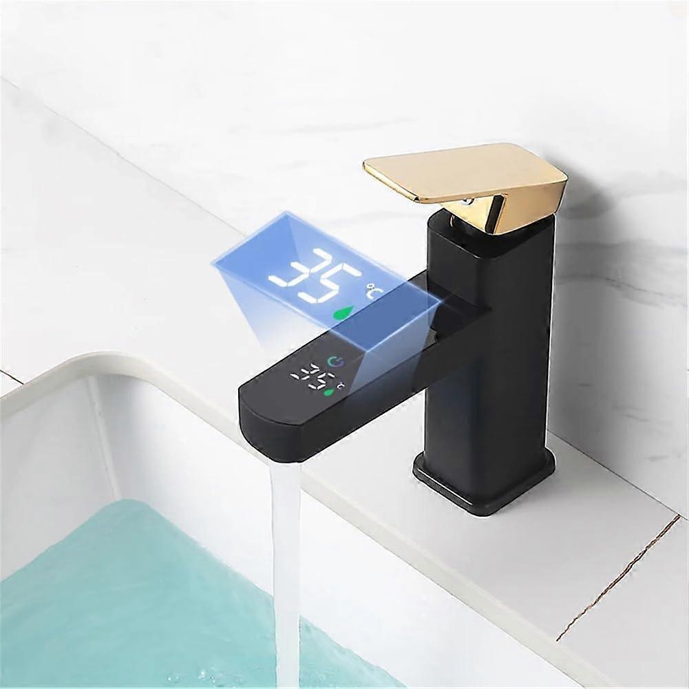 Bathroom Sink Basin Faucet LED Digital Temperature Control Hot Cold Water Mixer Tap Black Gold Tall G3/8