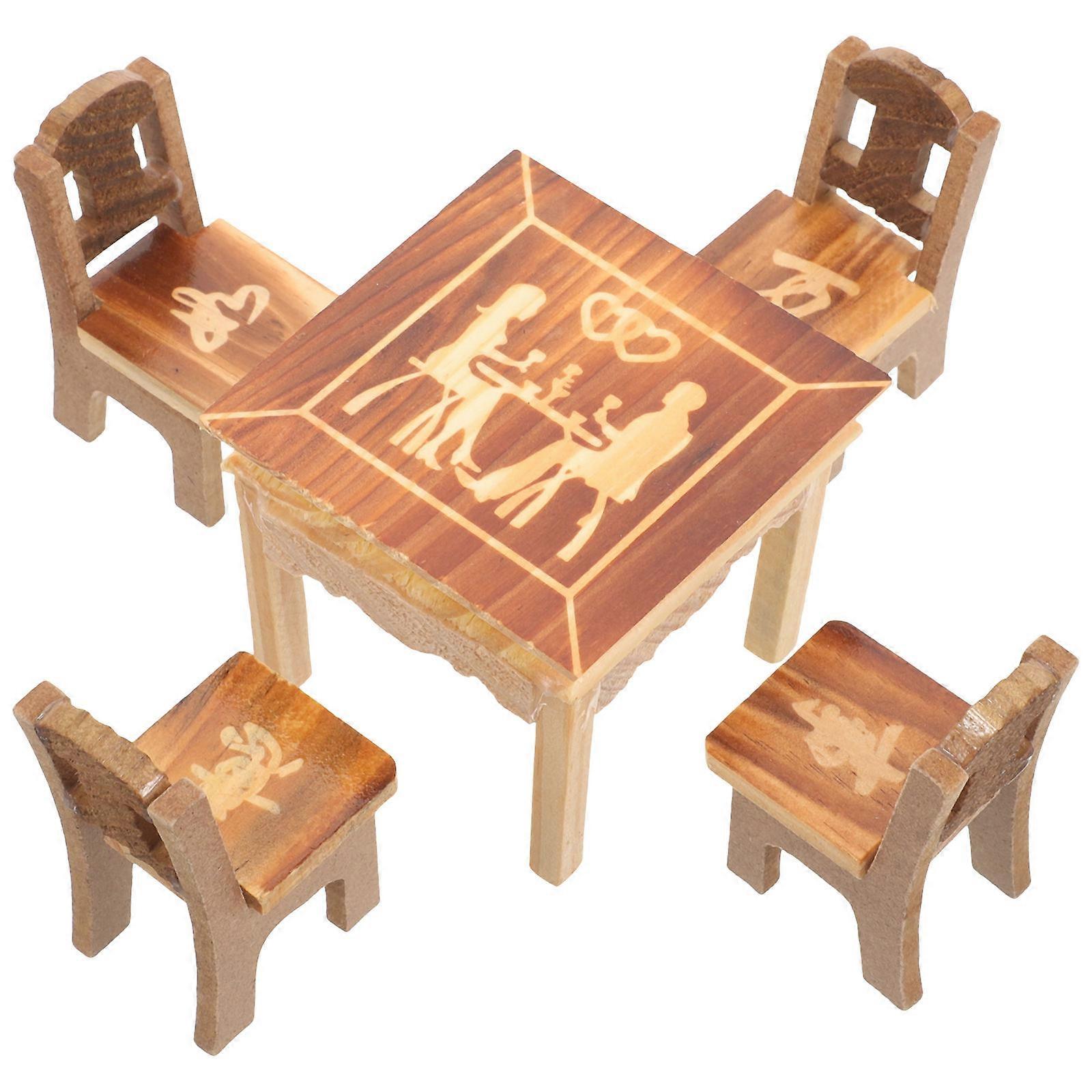 Mini Eight Table Chair Set Wood Simulation Decoration 1Set