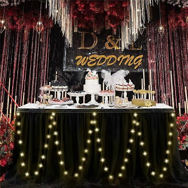 3 Layer Mesh Table Skirt Rectange Rose Pink Tutu Fluffy Tulle LED Lighted For 4/6/9/14ft By 77cm Party Decor