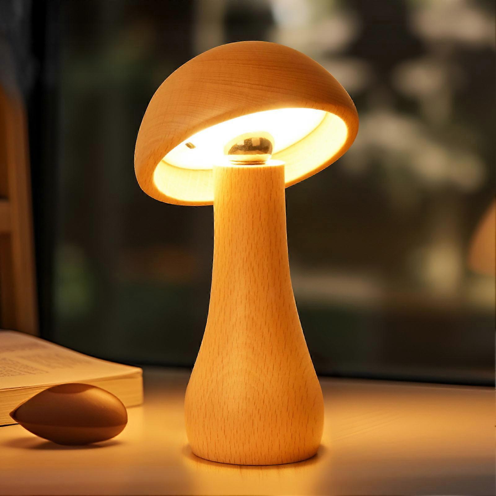 Wooden Mushroom Lamp Portable Cordless Touch Switch Night Light Rechargeable Battery Operated Stepless Dimming 360 Degree Rotation Angle Adjustable 